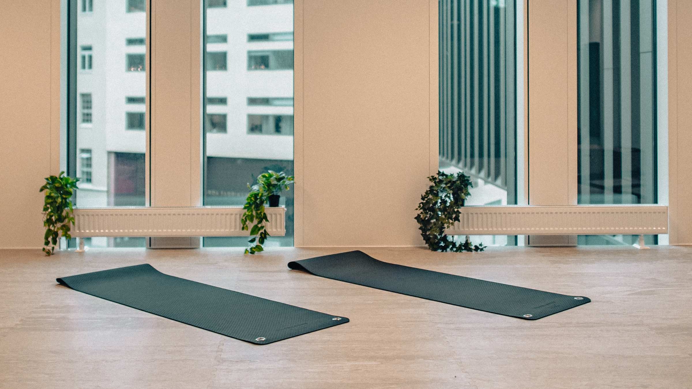 Modern yogastudio med mattor och stora fönster Två yogamattor på ett trägolv med krukväxter vid stora fönster i en ljus studiomiljö.