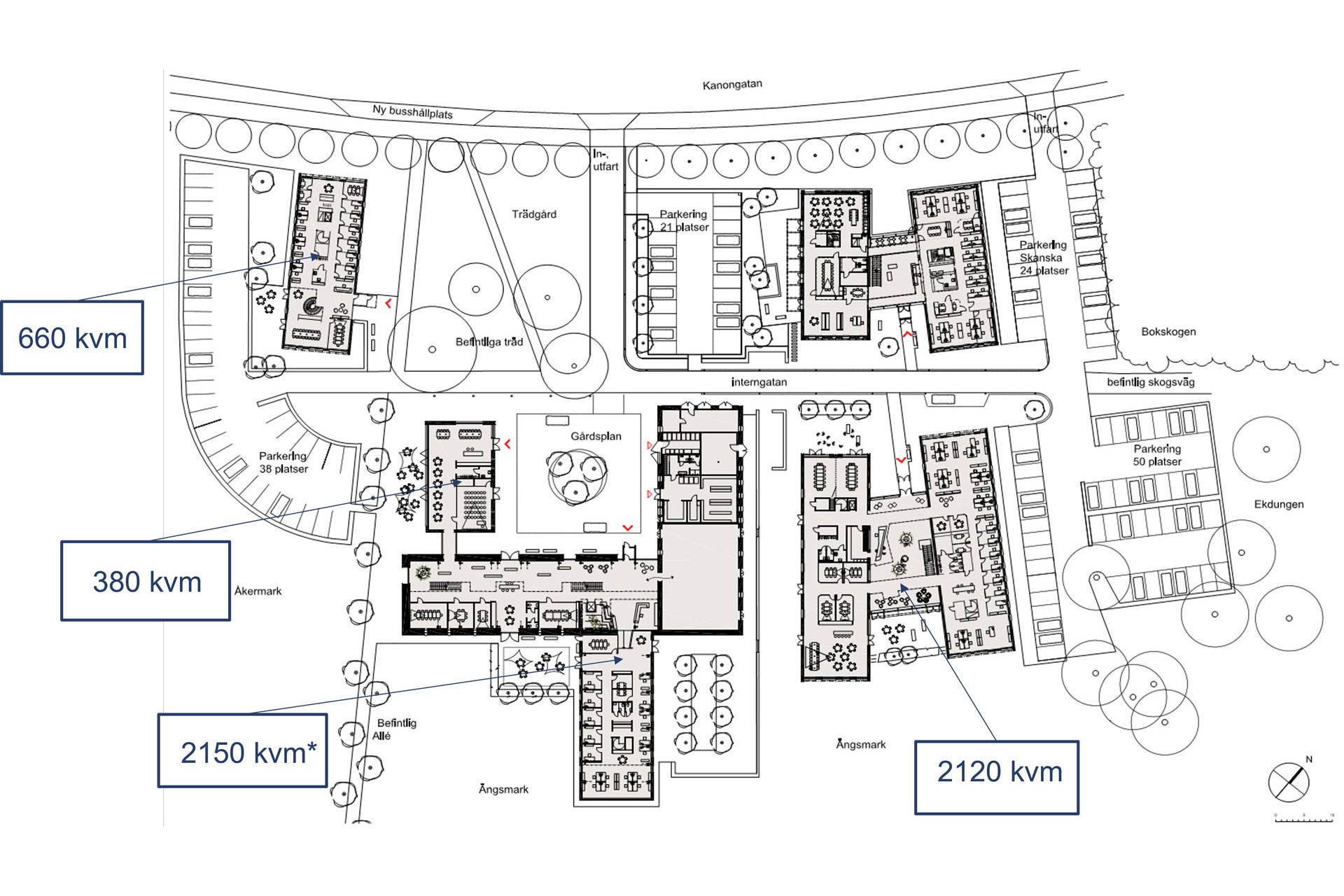 Arkitektonisk situationsplan med märkta byggnadsområden som visar kvadratmeter i kvadratmeter.