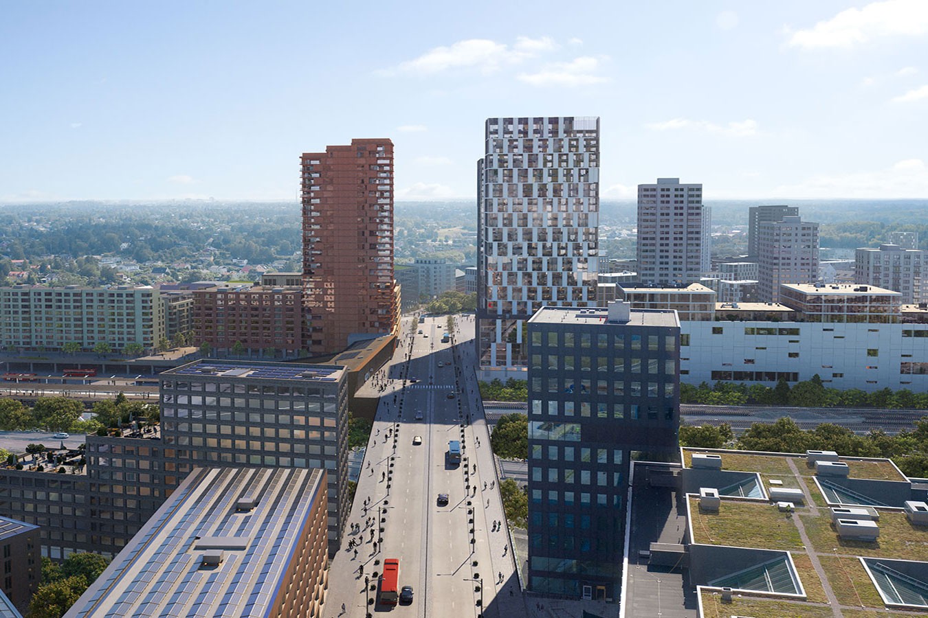 Modern stadsbild med skyskrapor, livlig gata och frodig grönska under en klarblå himmel.