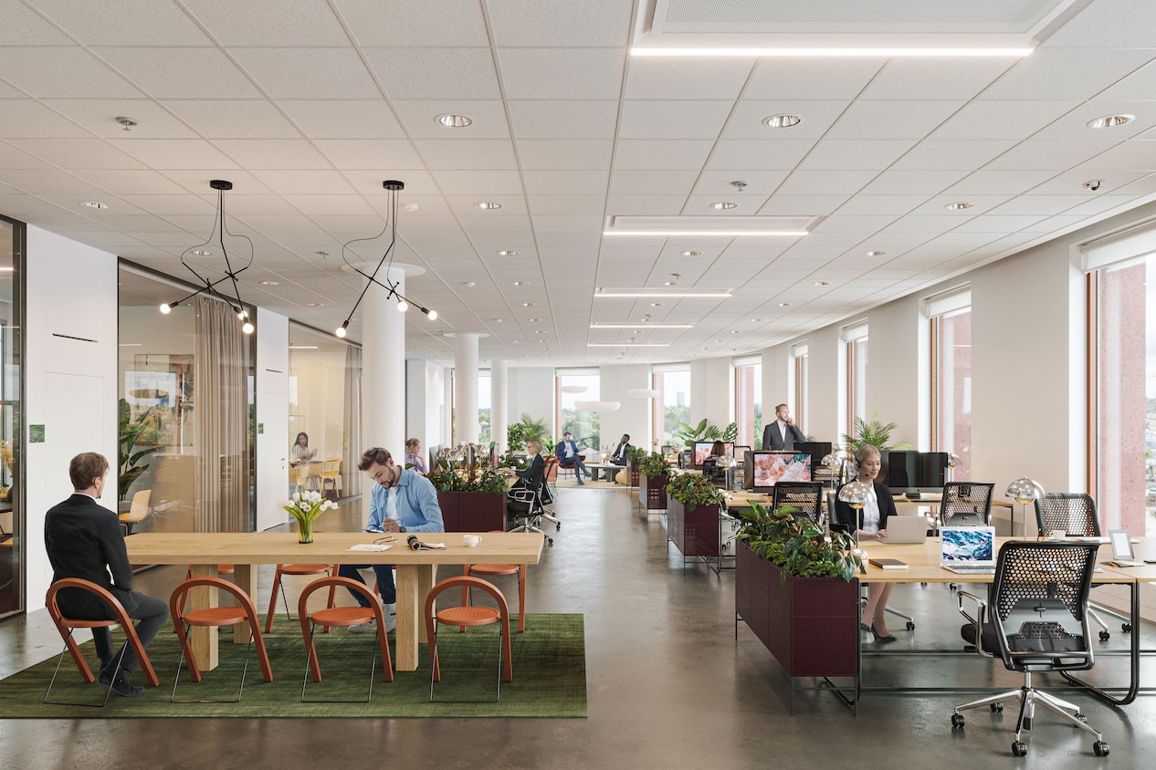 Moderna kontor med öppen planlösning, naturligt ljus och växter Modern kontorsmiljö med öppen planlösning, naturligt ljus, växter och människor som arbetar vid skrivbord.