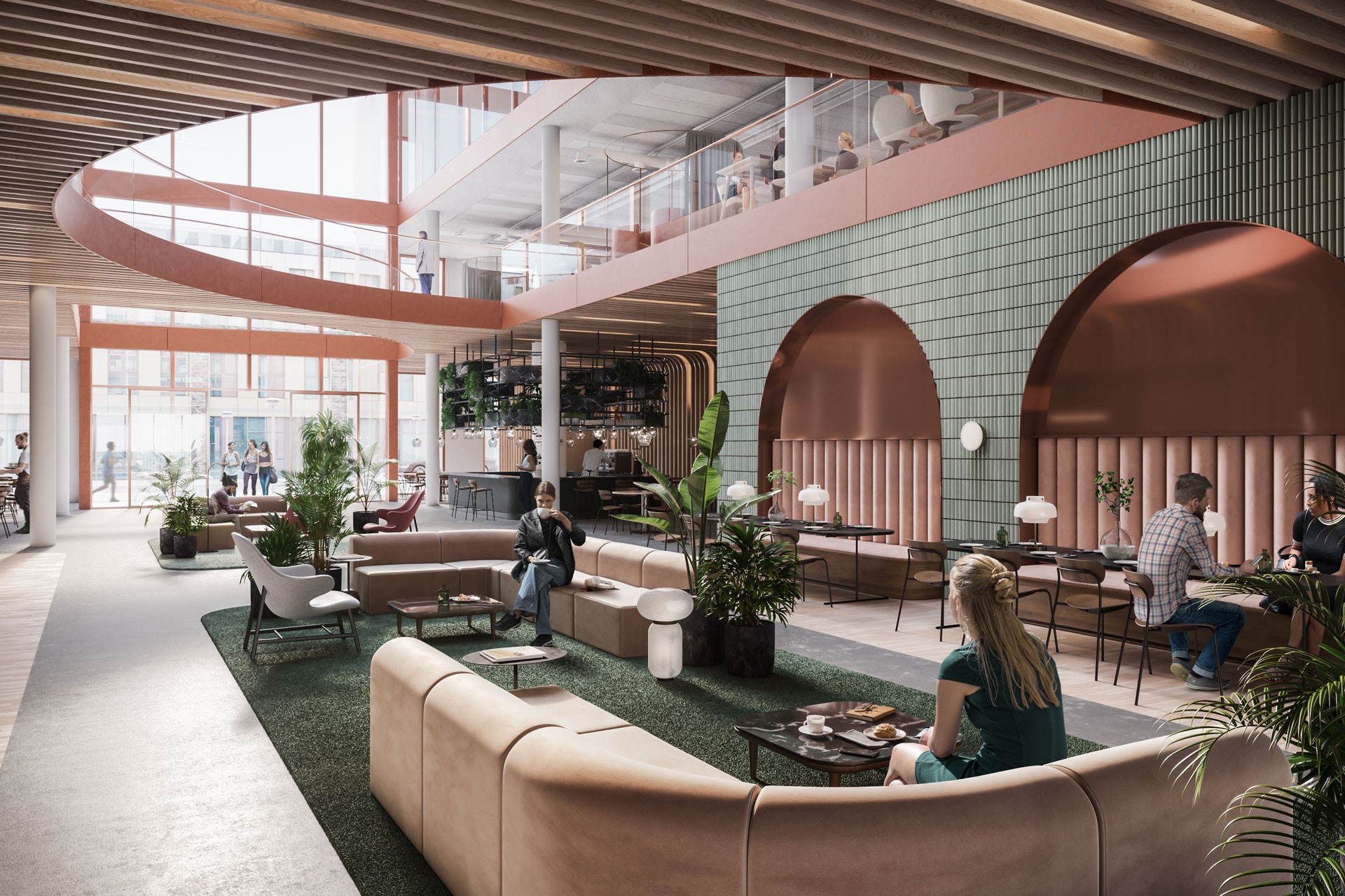 Modern öppen kontorsyta med stiligt loungeområde Modern kontorslounge med stilfulla sittplatser, grönska och människor som deltar i samtal.