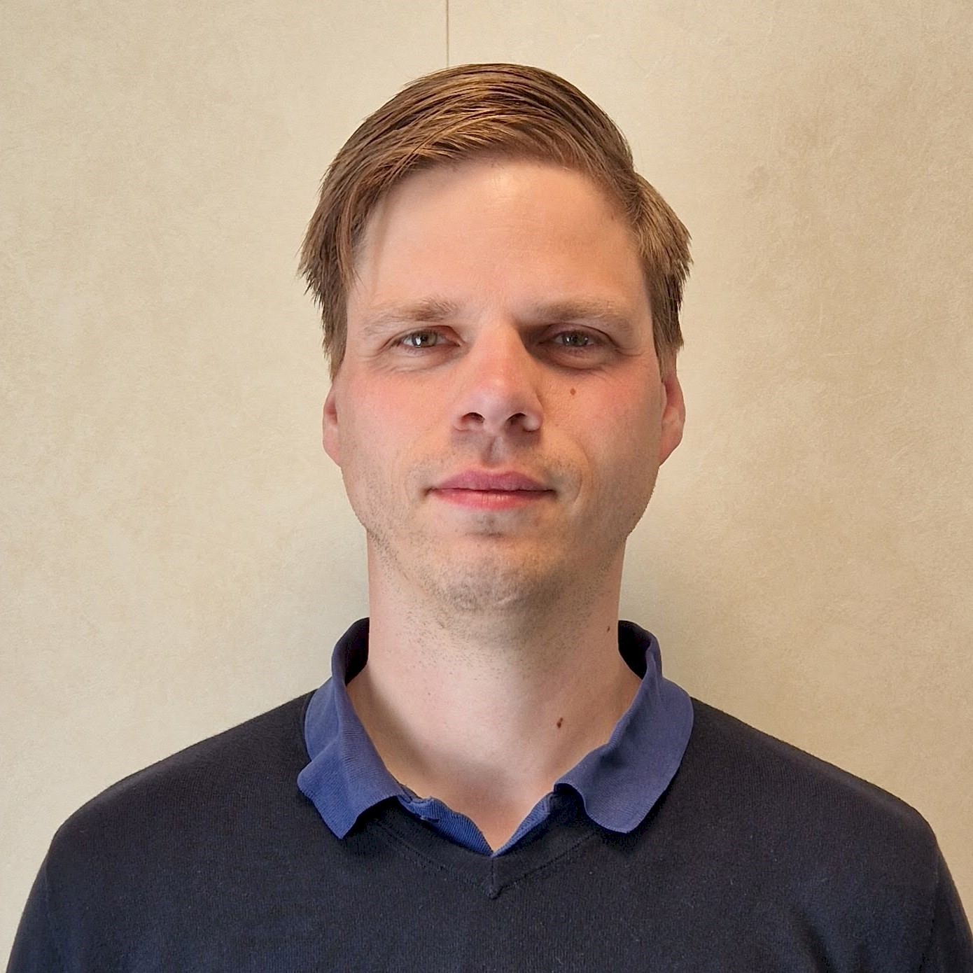 Henrik Schwartz En person som bär en mörk tröja över en blå skjorta med krage står mot en enkel beige vägg.