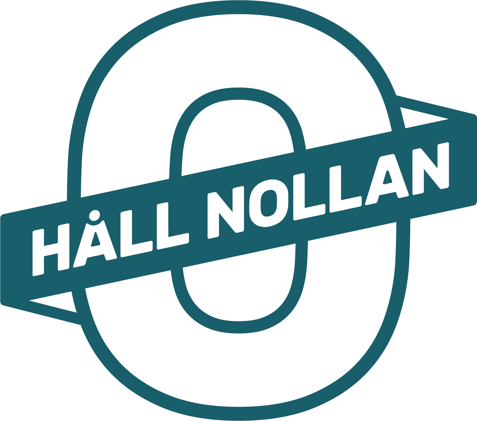 Logotyp med ett stort noll med texten "HÅLL NOLLAN" över det i fet, teal stil.