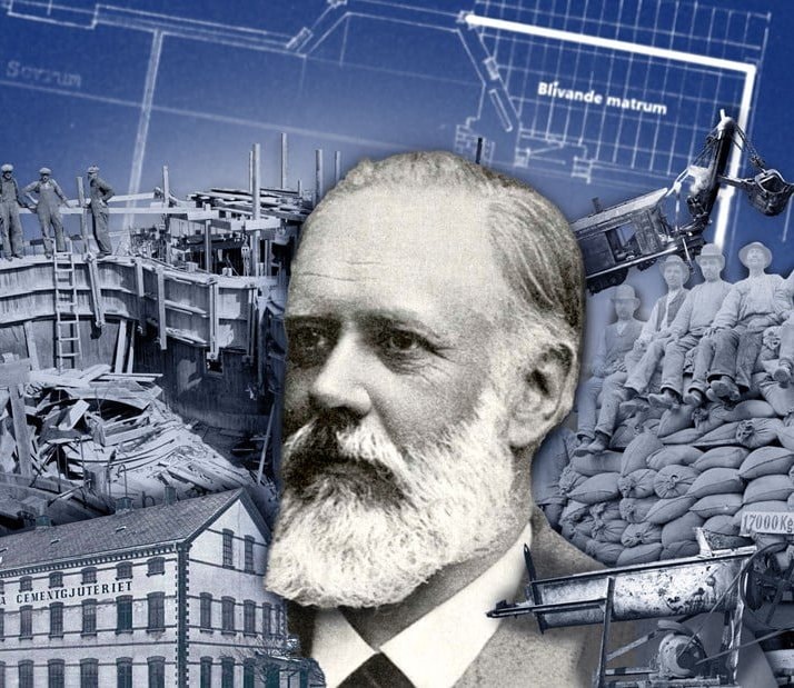 Collage av historiska byggnadsarbetare, byggplaner och industriell maskineri.