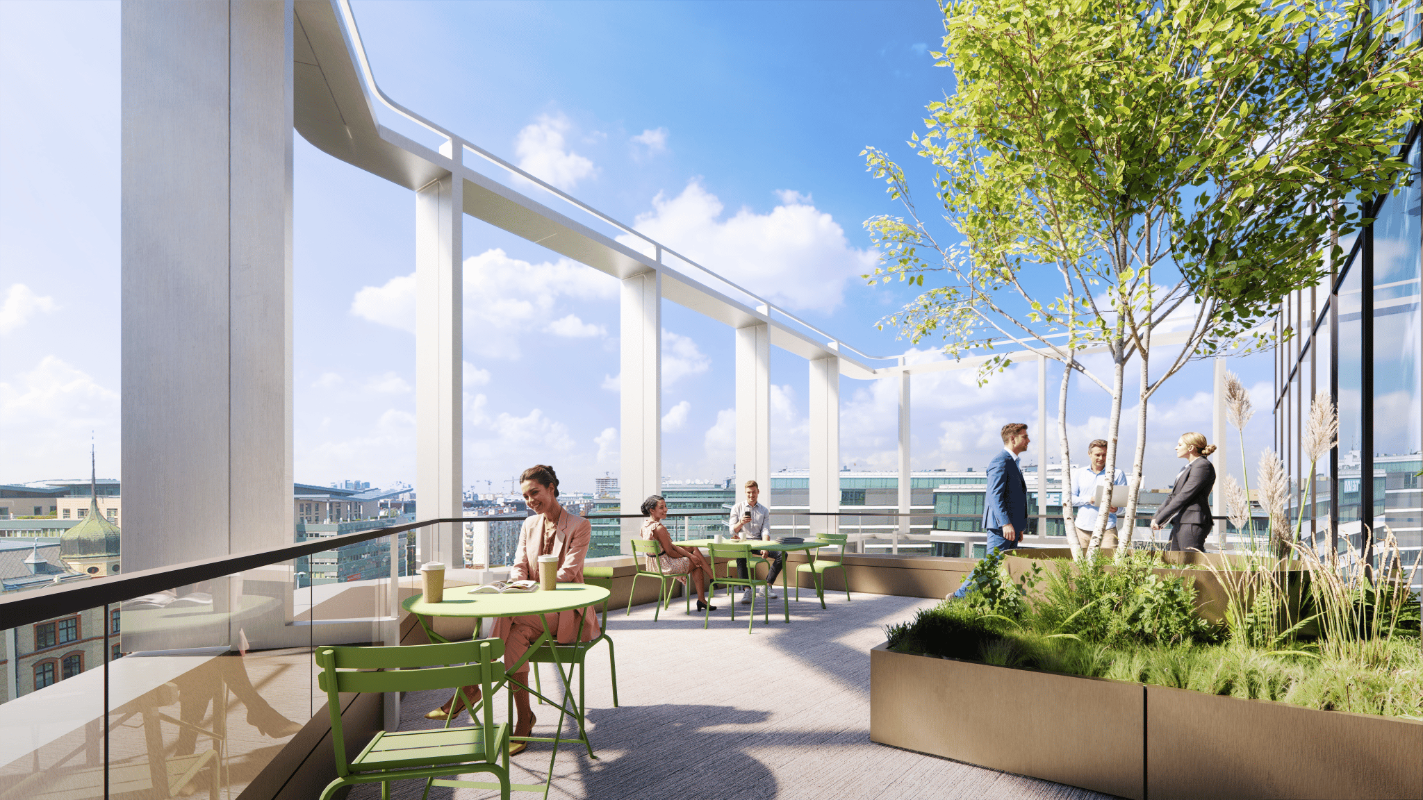 Modern rooftop terrace with people sitting at green tables, surrounded by plants and city views.
