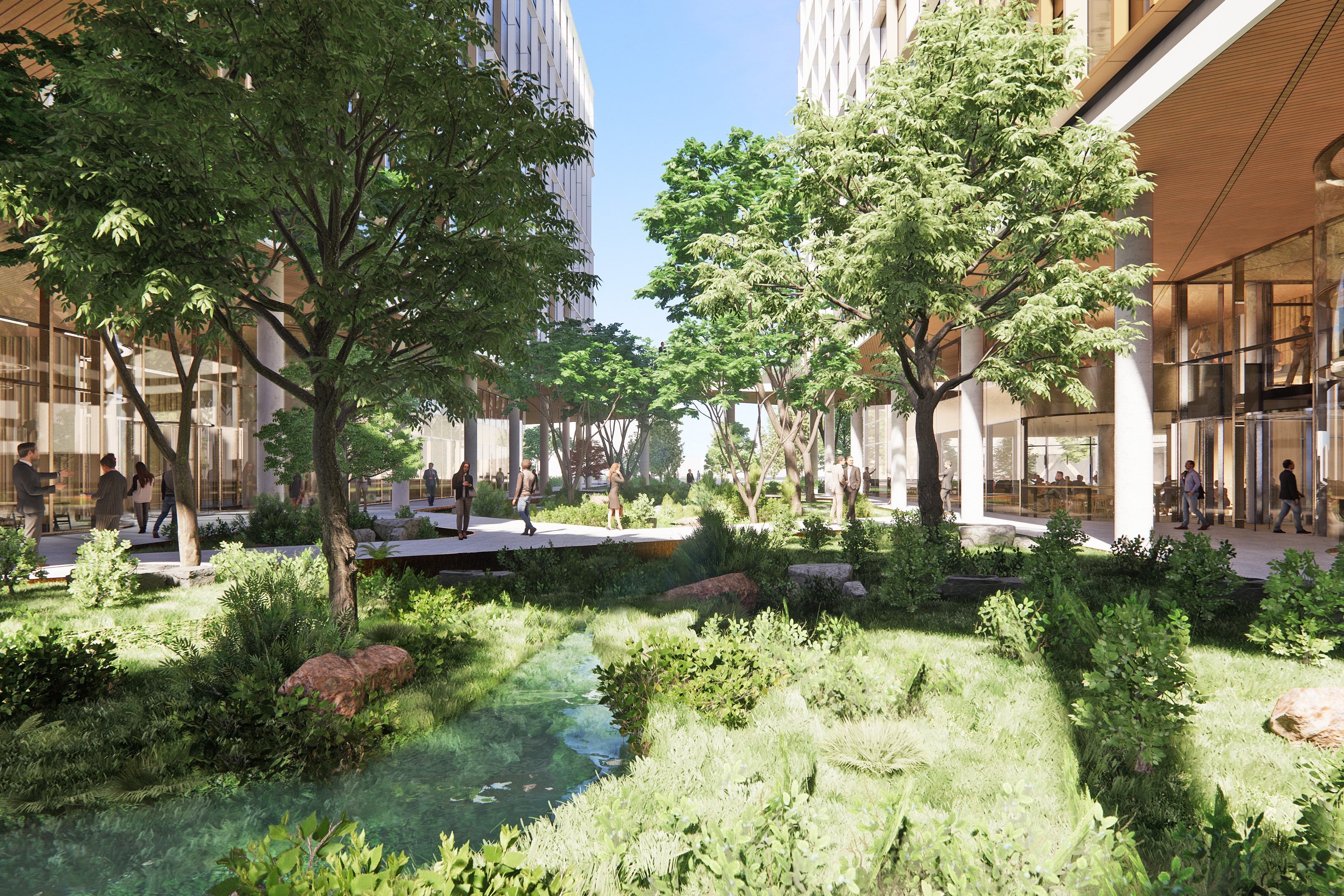 Modern urban park with lush greenery, trees, and people walking near contemporary buildings.