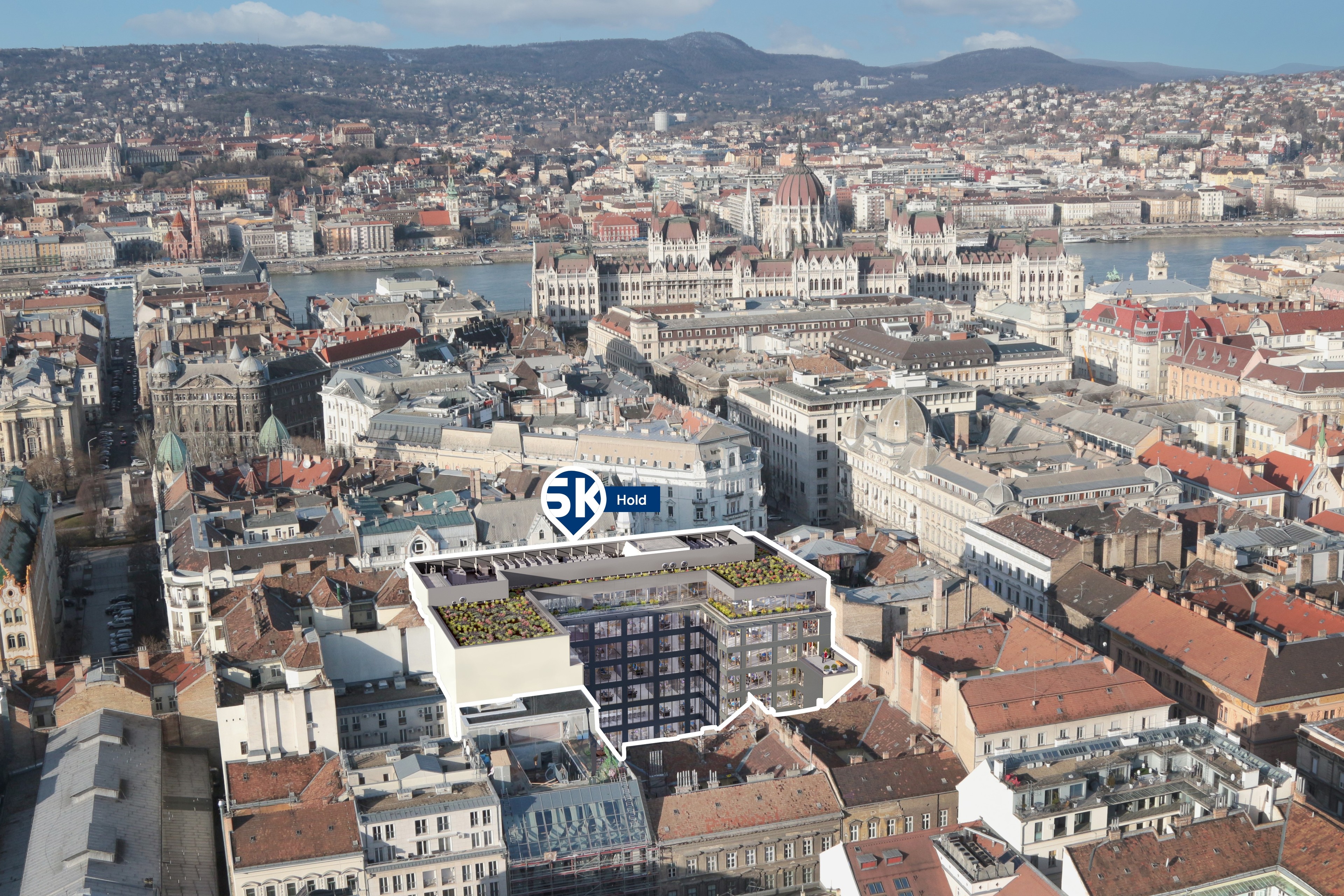 HOLD Aerial view of historic European city buildings with rooftop gardens and streets below.