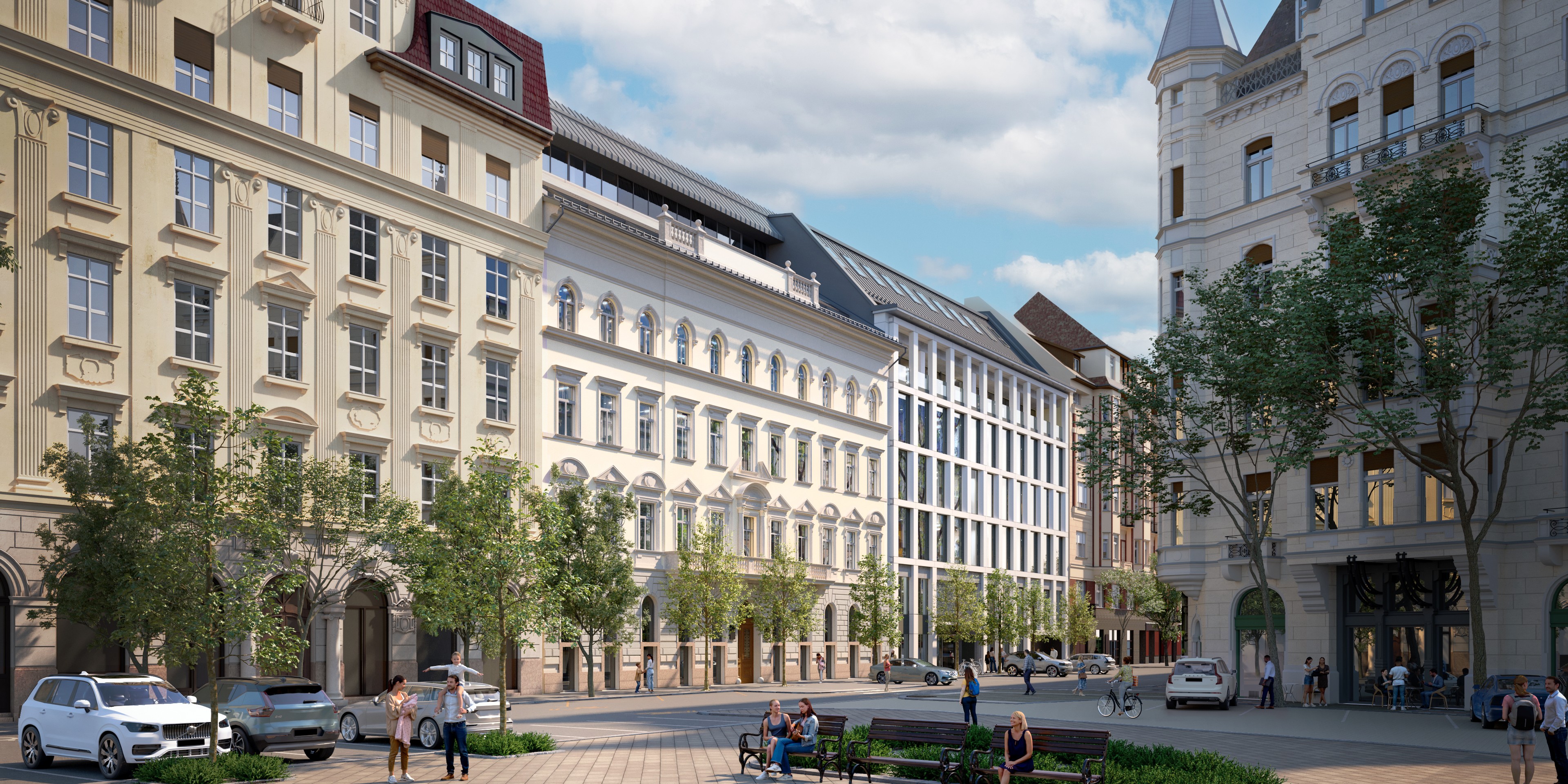 HOLD Modern office building with large windows and classic facade under a blue sky.