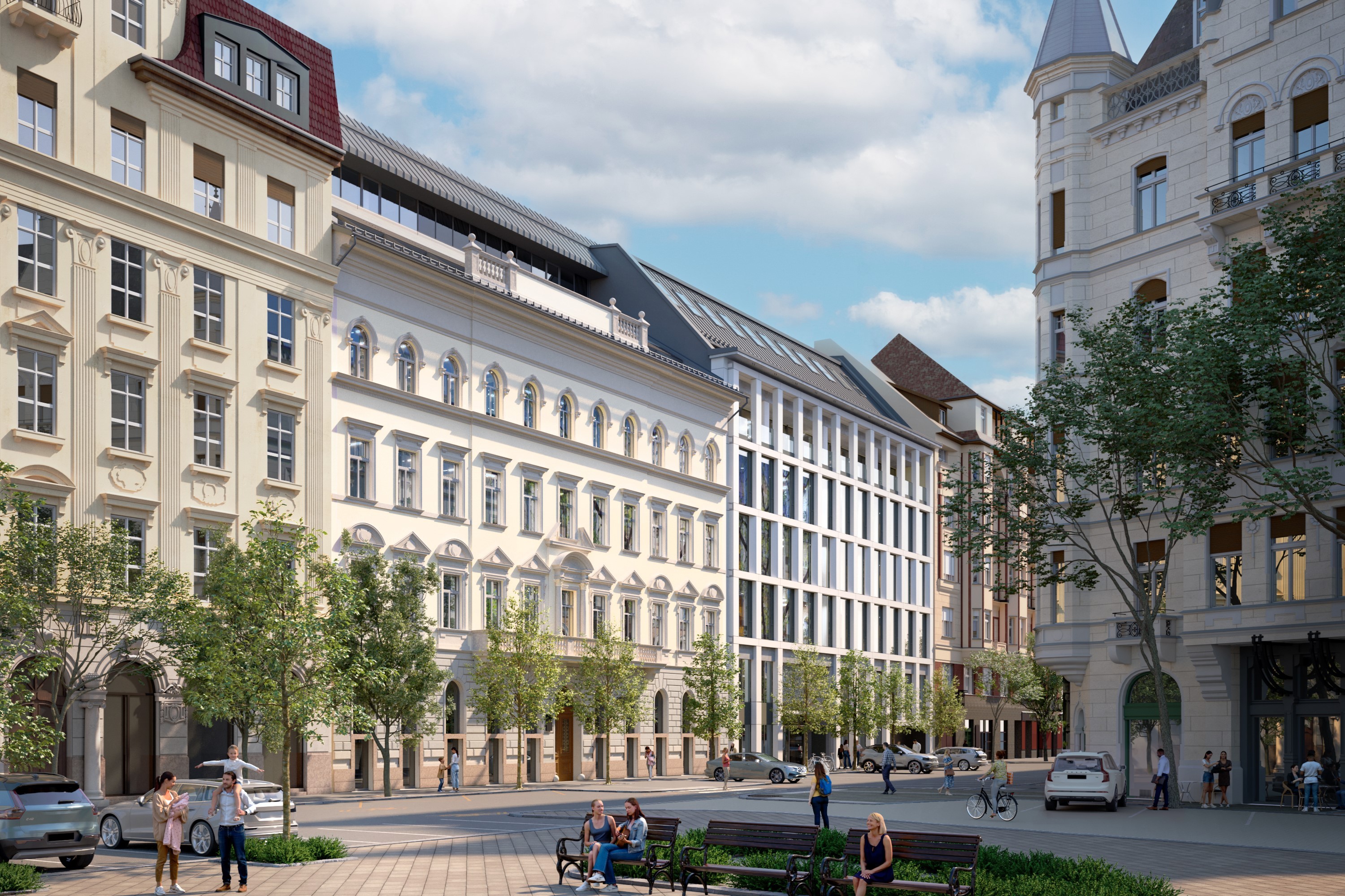 Hold Street view of elegant European buildings with trees, benches, and people outdoors.