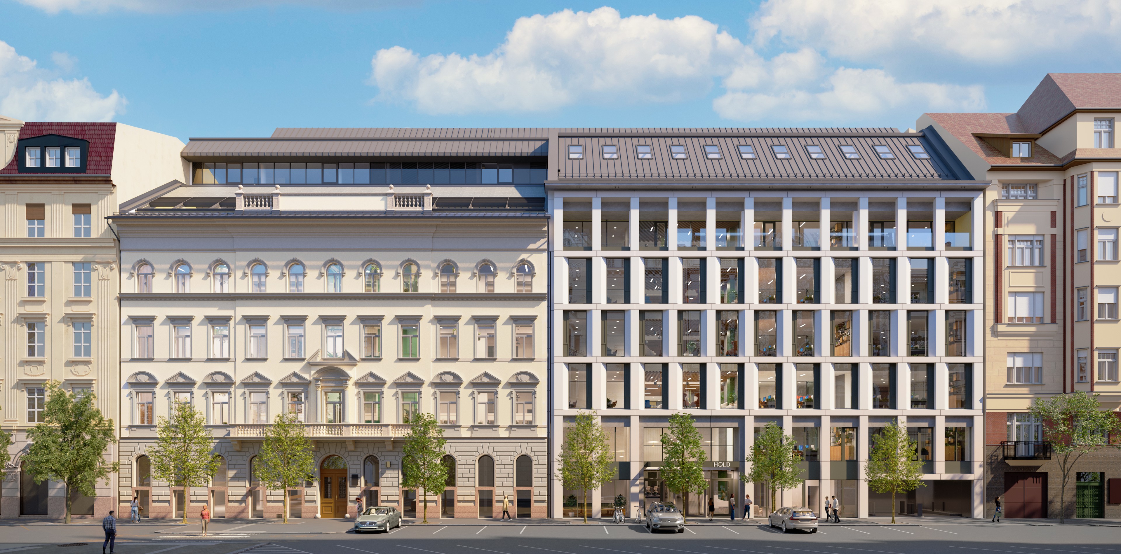 HOLD Modern office building with large glass windows and classic architecture facade in city.