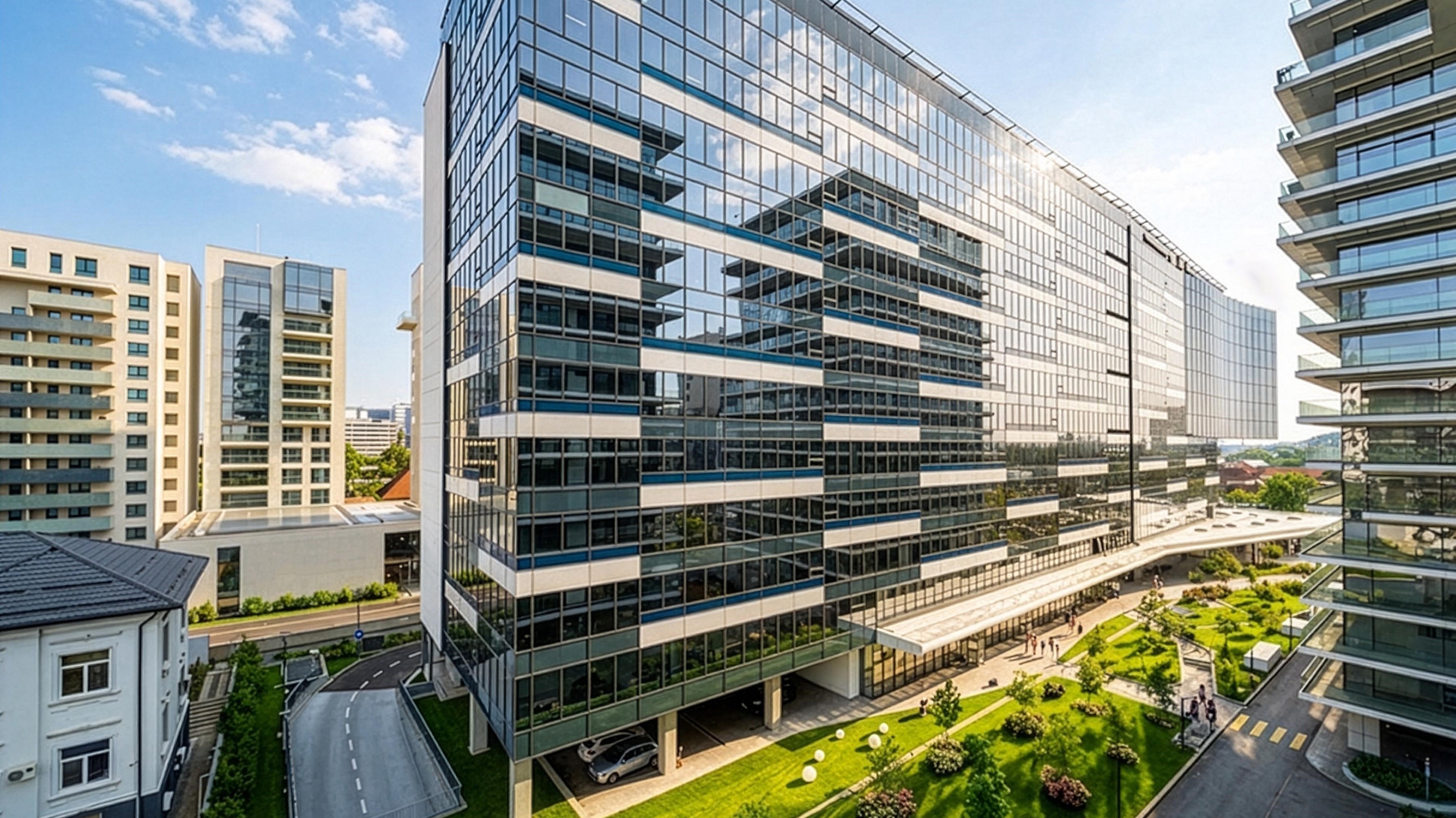 Equilibrium 2 Modern office buildings with glass facades surrounded by landscaped gardens under a blue sky.