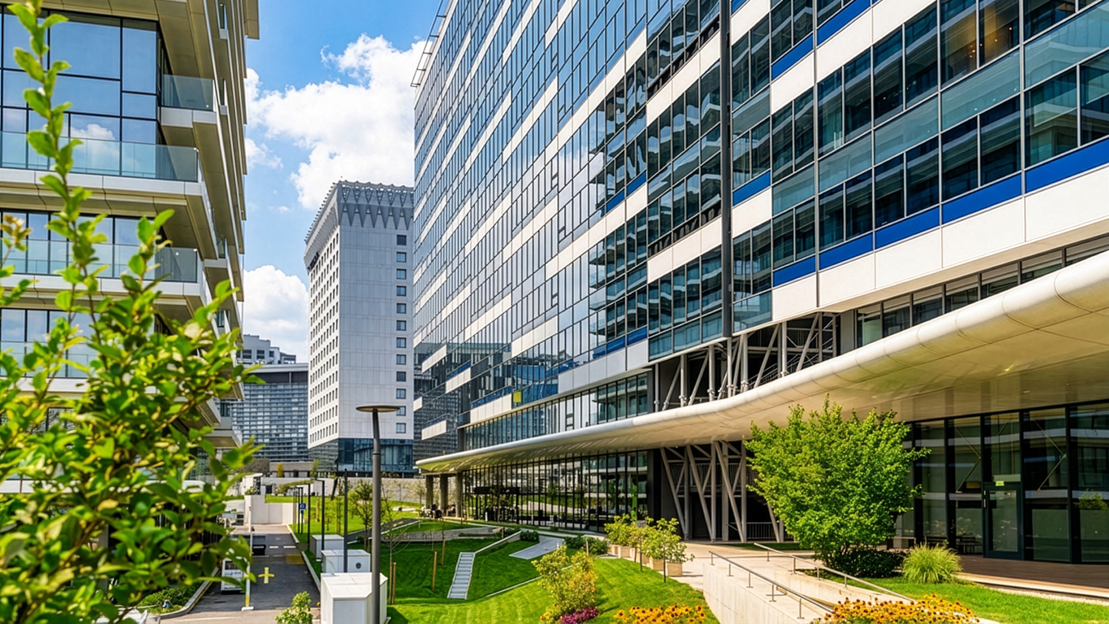 Modern office buildings with glass facades and landscaped gardens under a blue sky.