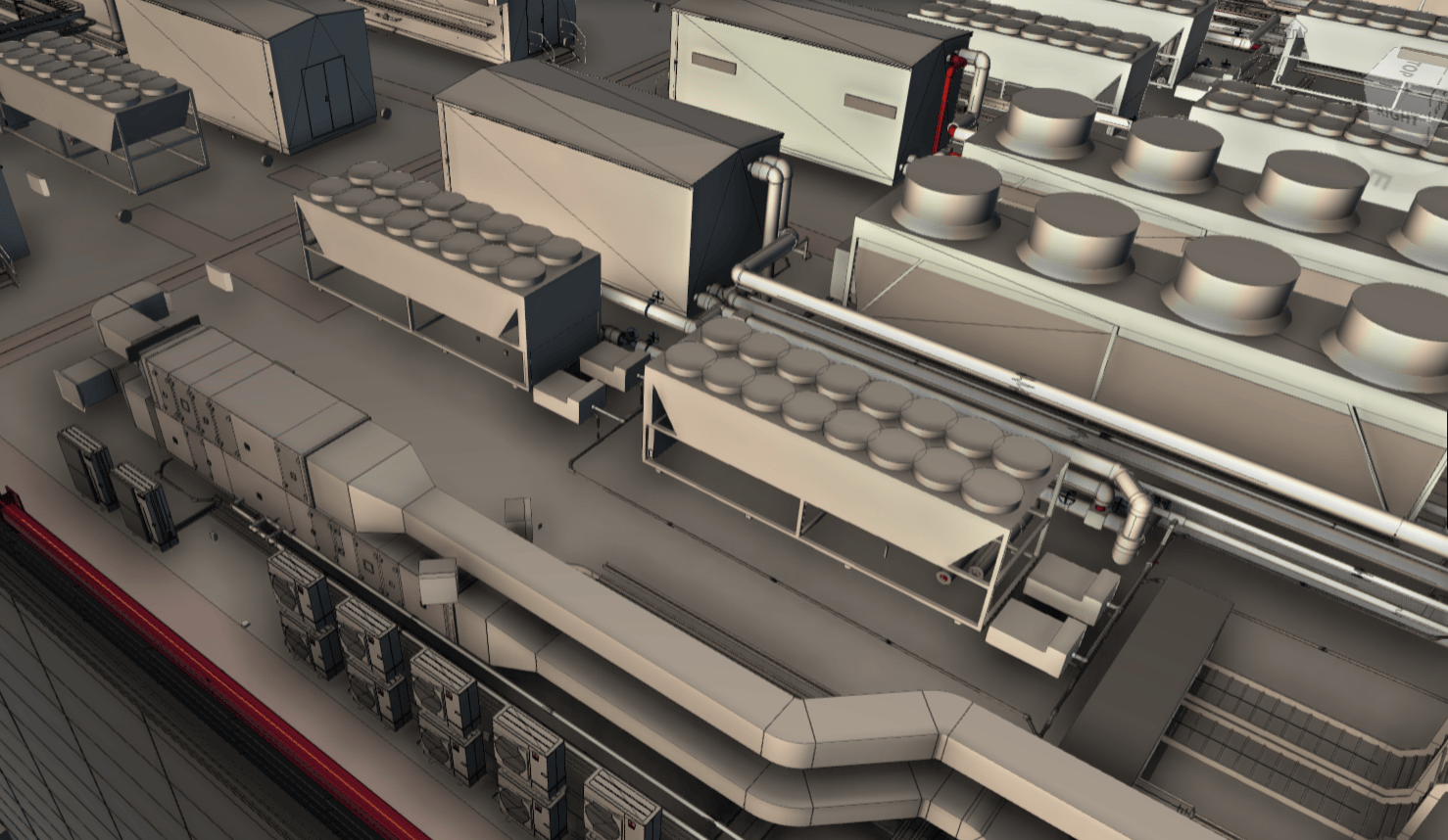 Rooftop HVAC units and industrial ventilation systems in a complex building layout.
