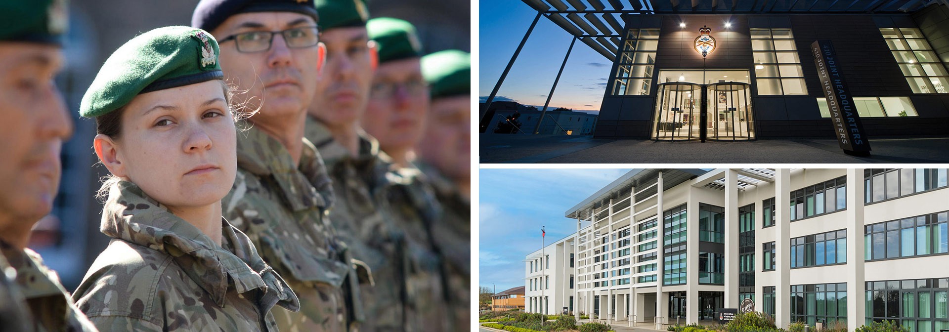 Military personnel in uniform with green berets and modern government office buildings.