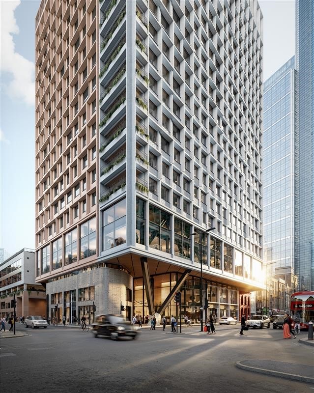 55 Old Broad Street Modern high-rise building with glass and brick facade on a busy city street corner.