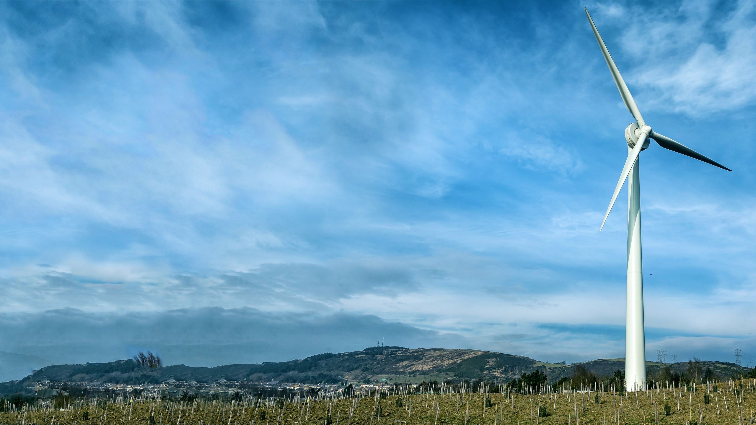 Wind turbine standing tall in a green field under a partly cloudy blue sky.