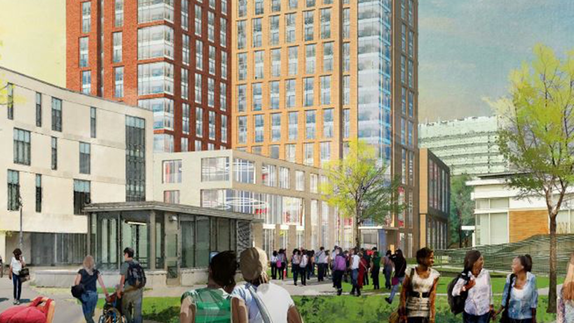 Simmons University Living and Learning Center Rendering A vibrant urban scene with diverse people walking near modern high-rise buildings and green spaces.