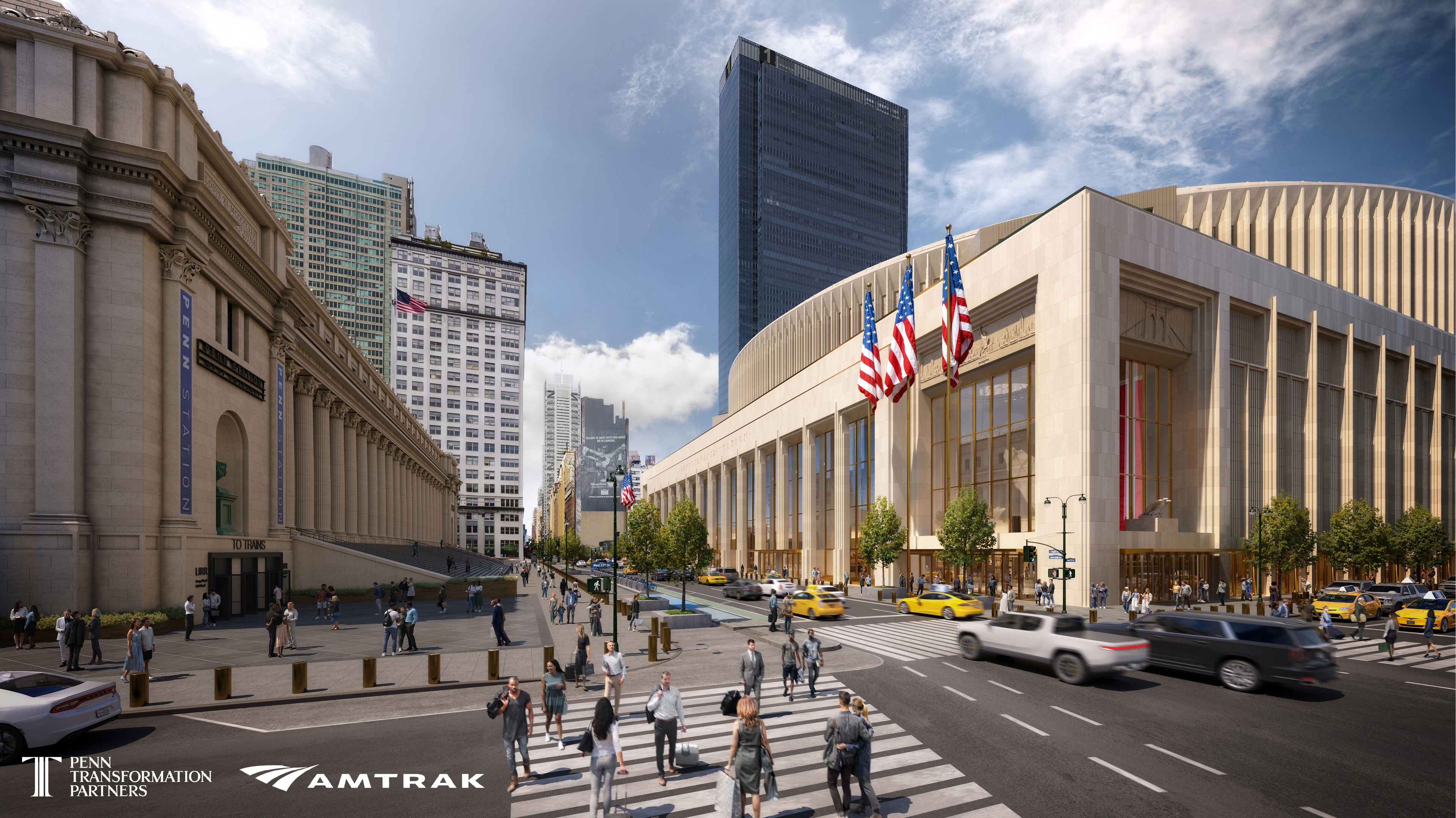 Busy urban street scene with pedestrians, cars, and historic buildings under blue sky.