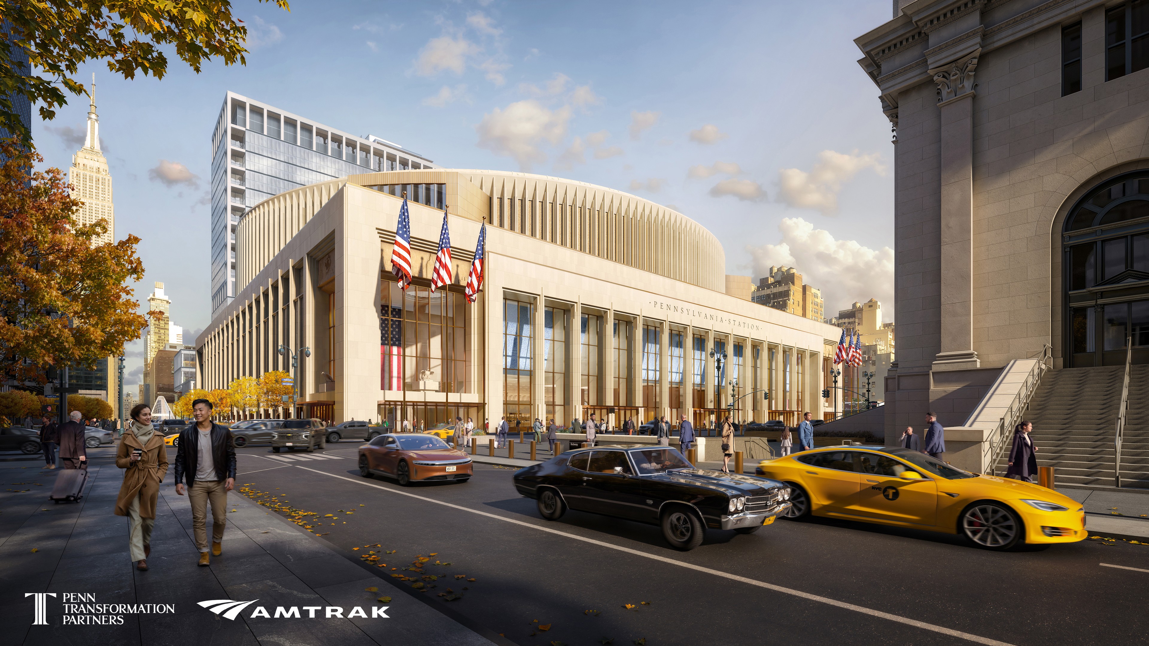 Busy street view of historic Pennsylvania Station with cars, pedestrians, and flags.