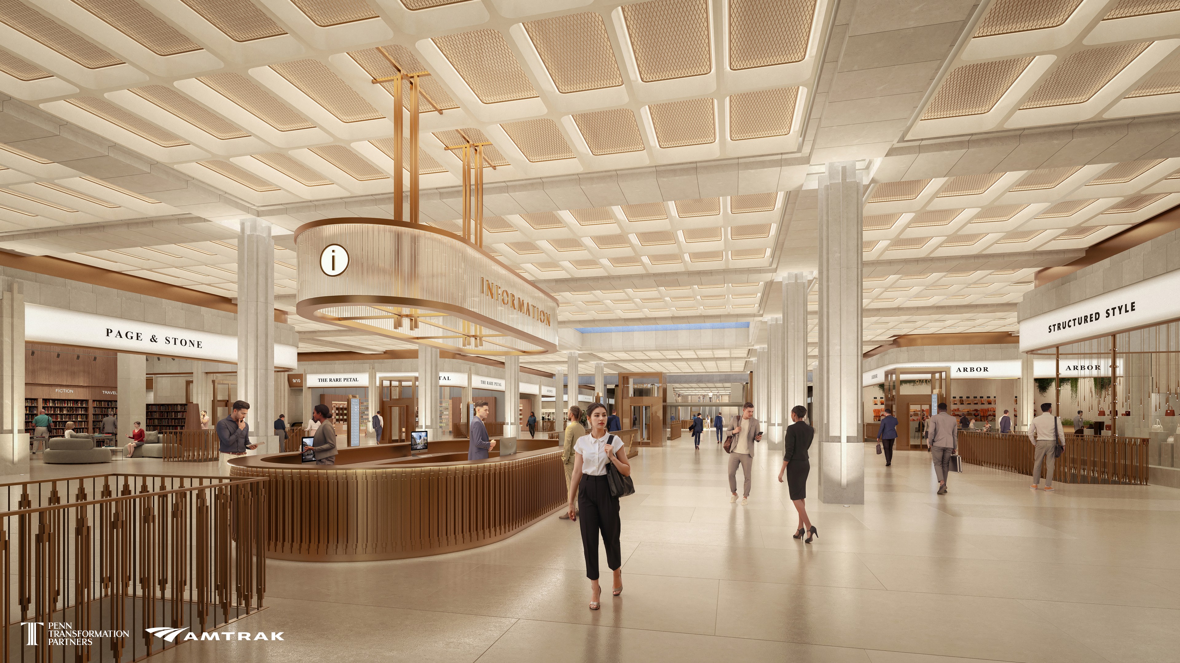 Spacious modern train station interior with information desk and passengers walking.