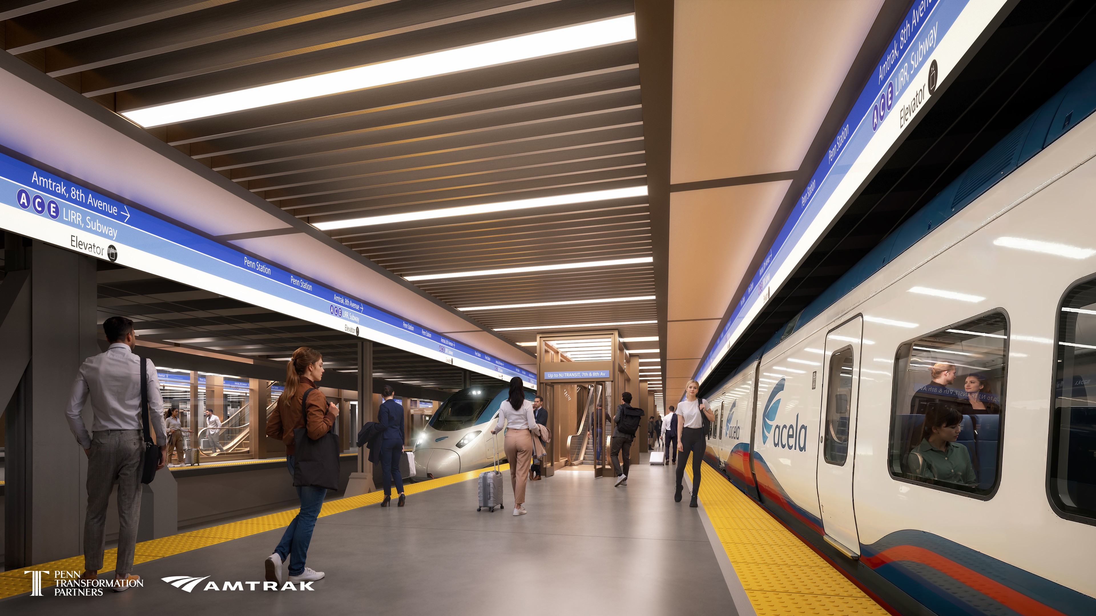 Modern Amtrak train station platform with passengers boarding and disembarking trains.