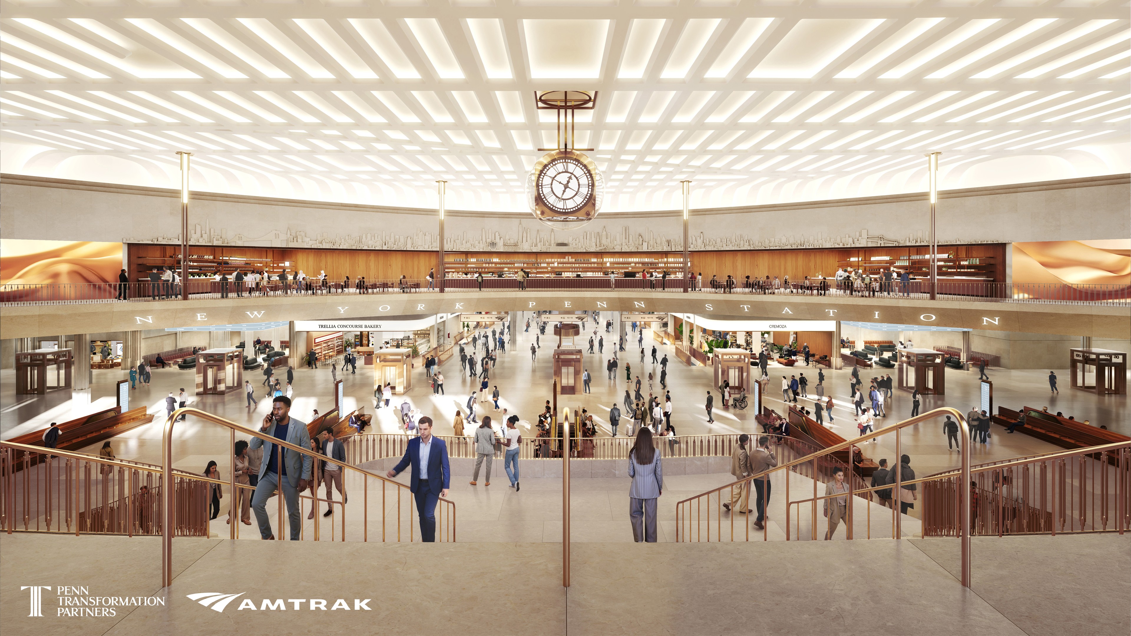 Modern New York Penn Station Interior with Crowds and Clock Interior view of New York Penn Station with travelers, stairs, and large ceiling clock.