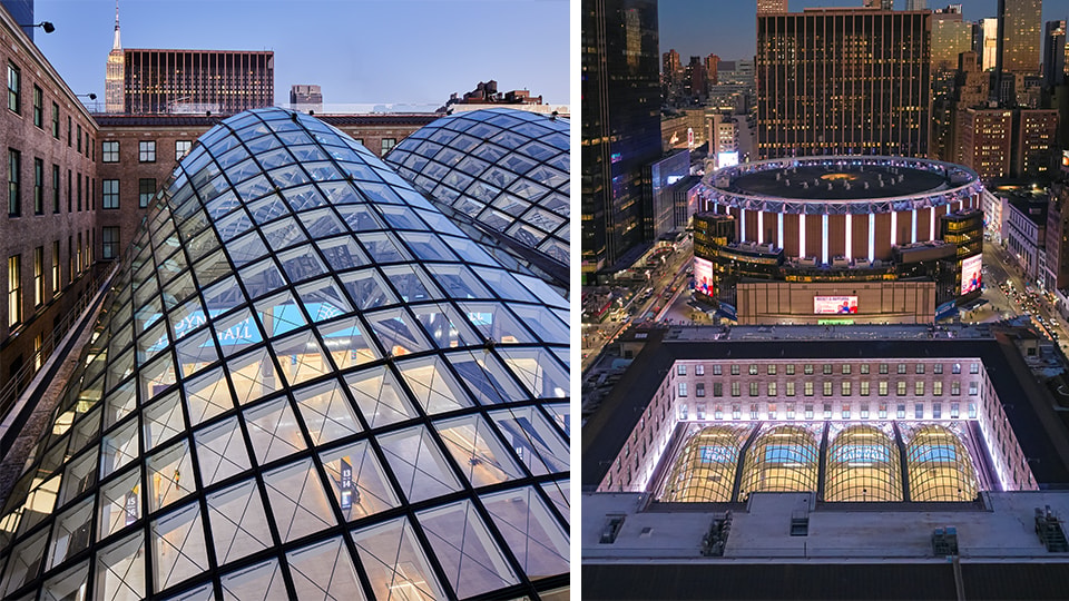 Modern glass atrium and rooftop view of a city building at dusk with lights on.