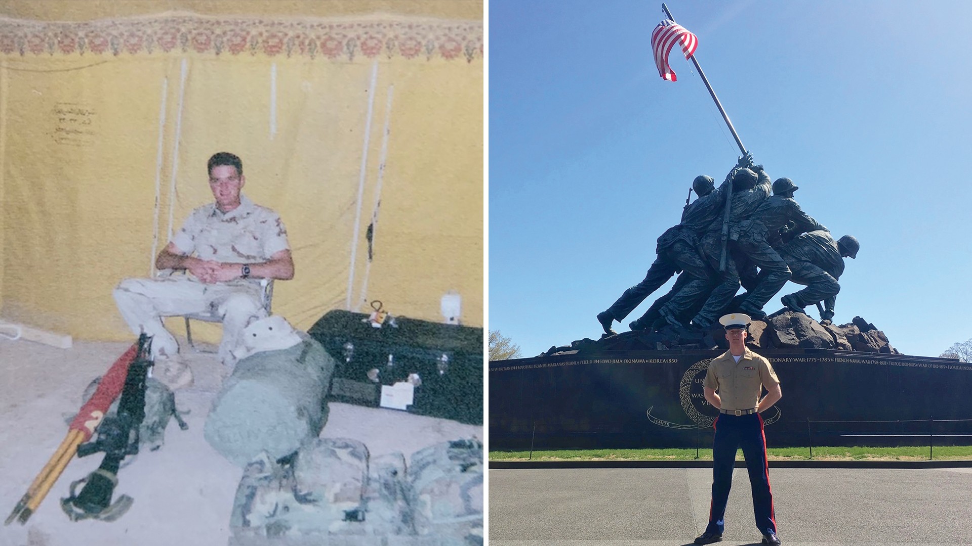 Left: soldier in uniform sitting with gear; Right: Marine posing at Iwo Jima Memorial.