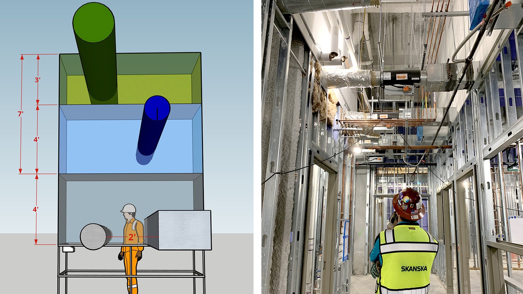 Construction worker in safety gear inspects HVAC ductwork installation on site.