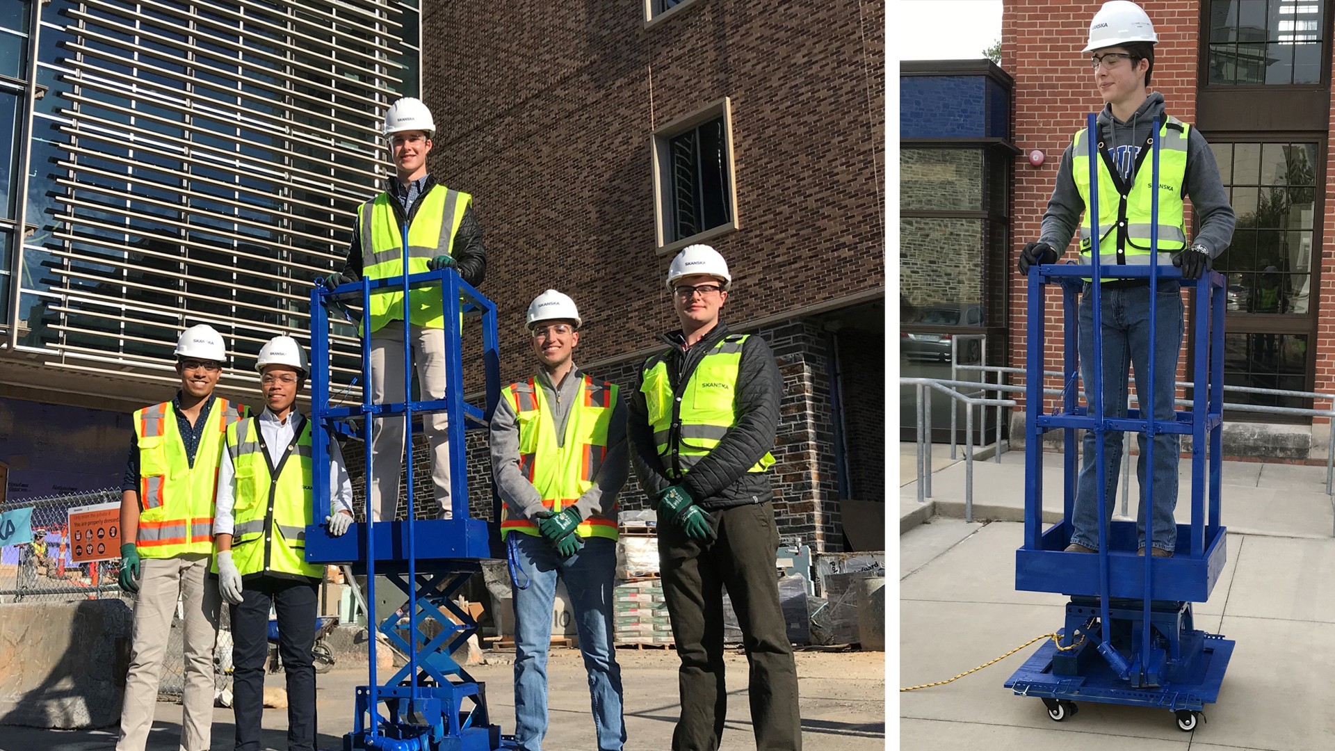 Construction workers wearing helmets and safety vests using a scissor lift outdoors.