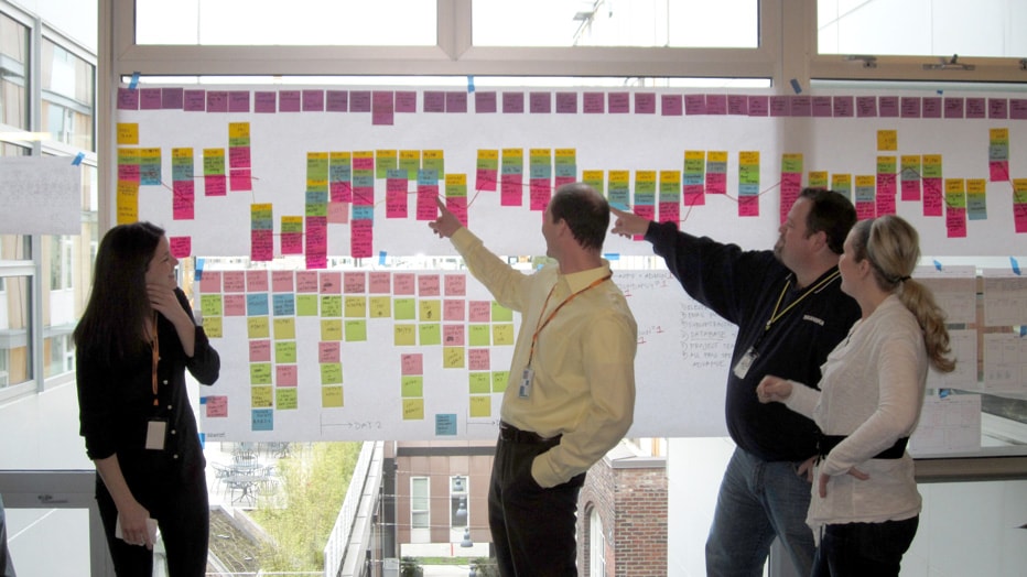 Four professionals discuss colorful sticky notes on a large whiteboard in a bright office.