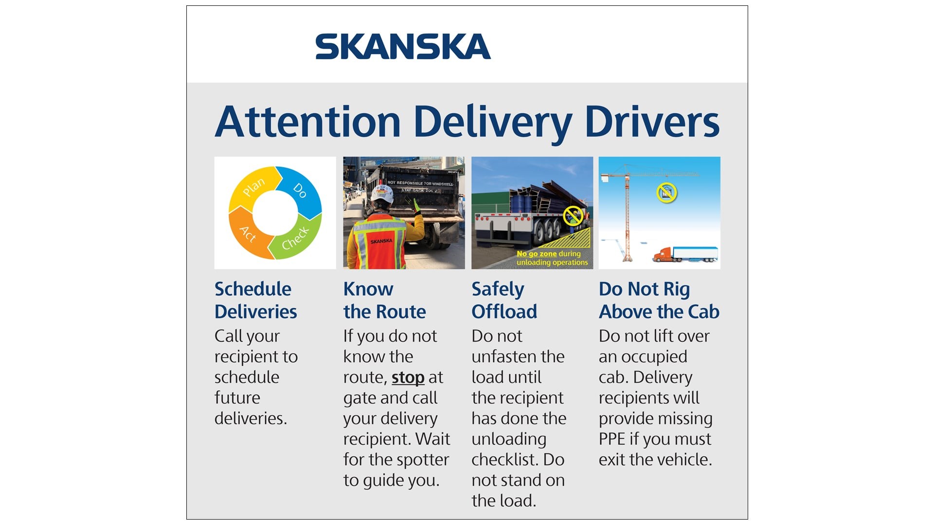 Safety instructions for delivery drivers from Skanska, highlighting route, offload, and PPE.
