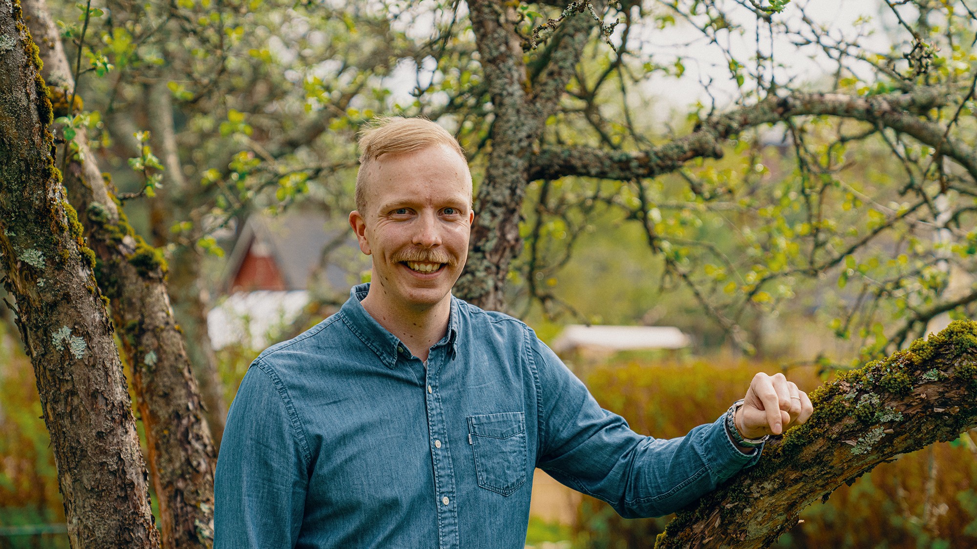 Mies sinisessä farkkupaidassa seisoo puun oksien vieressä keväisessä ympäristössä.