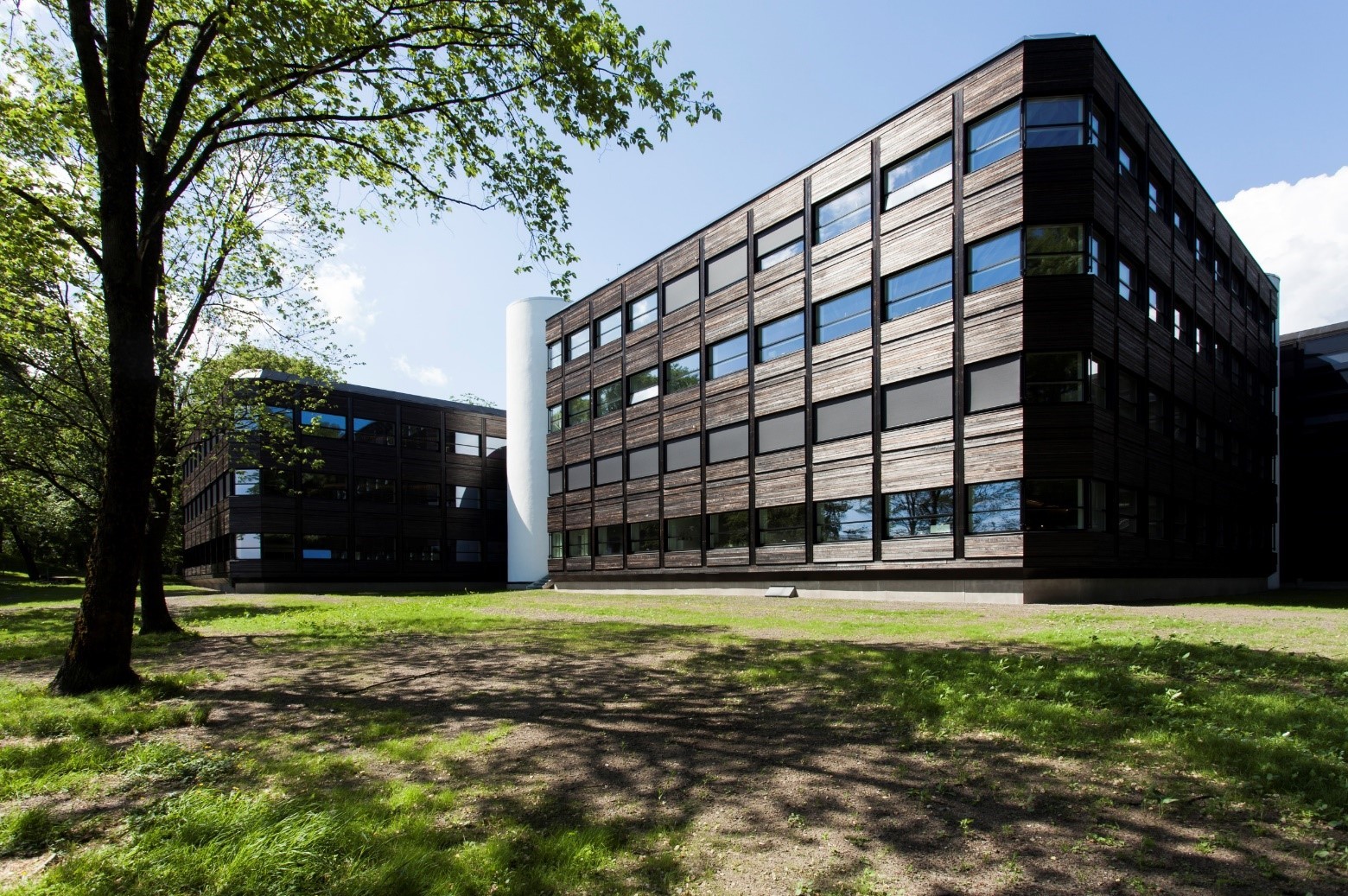 Four-floored office buildings with wood paneling and large windows.