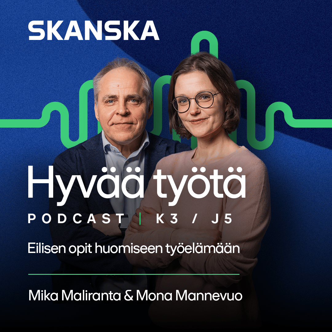 Mies ja nainen poseeraavat Hyvää työtä -podcastin kannessa.