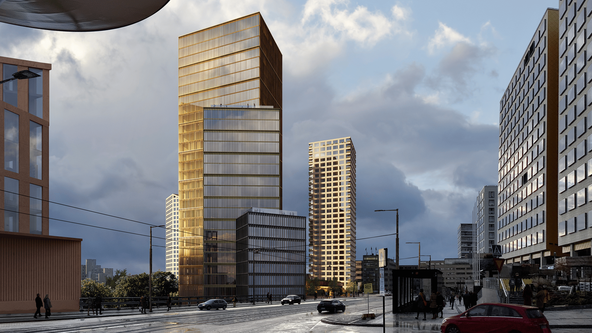 Modern urban scene with tall gold and glass buildings under a cloudy sky, cars and pedestrians.