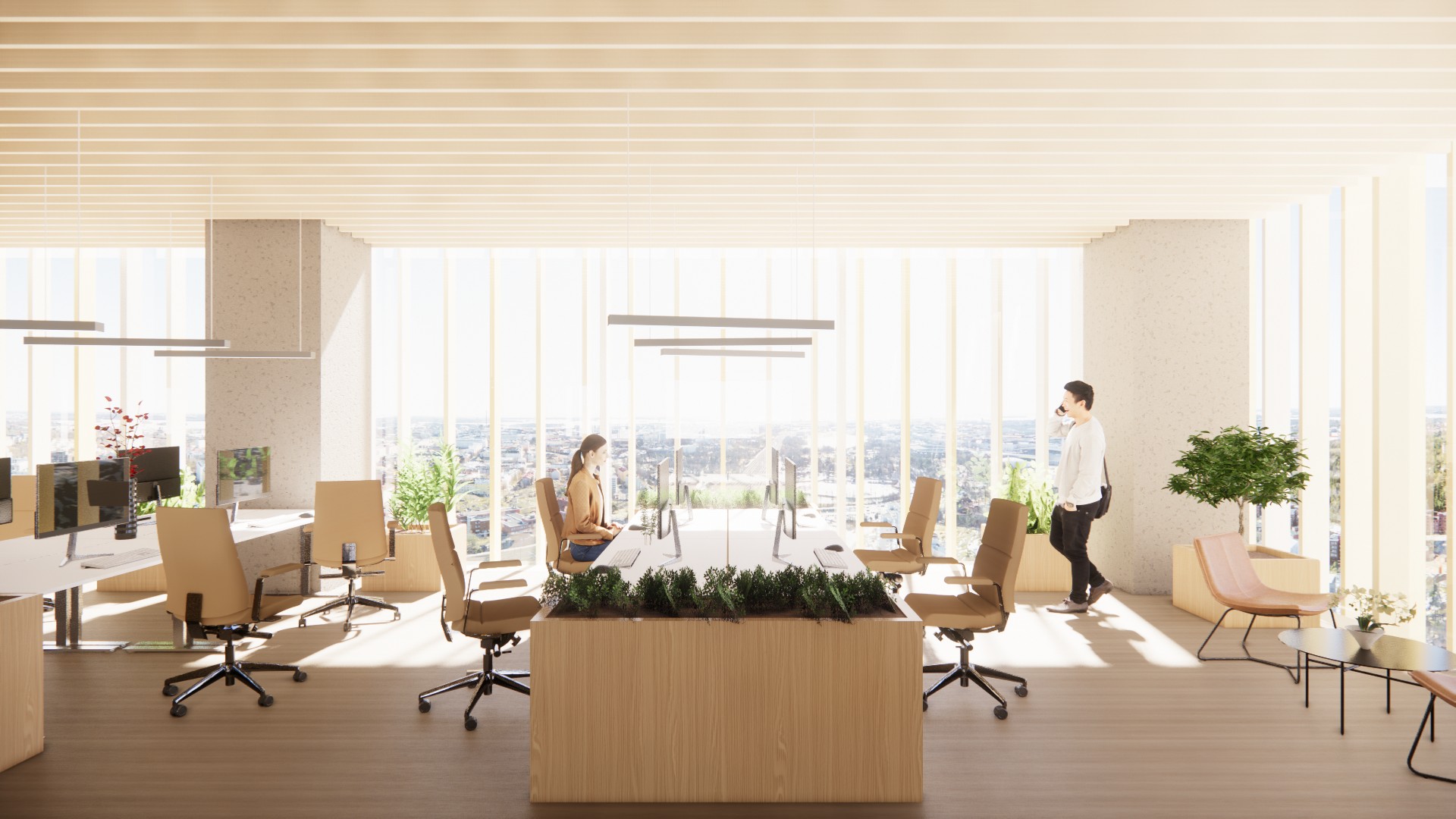 Modern office space with large windows, natural lighting, and green plants for a refreshing ambiance.