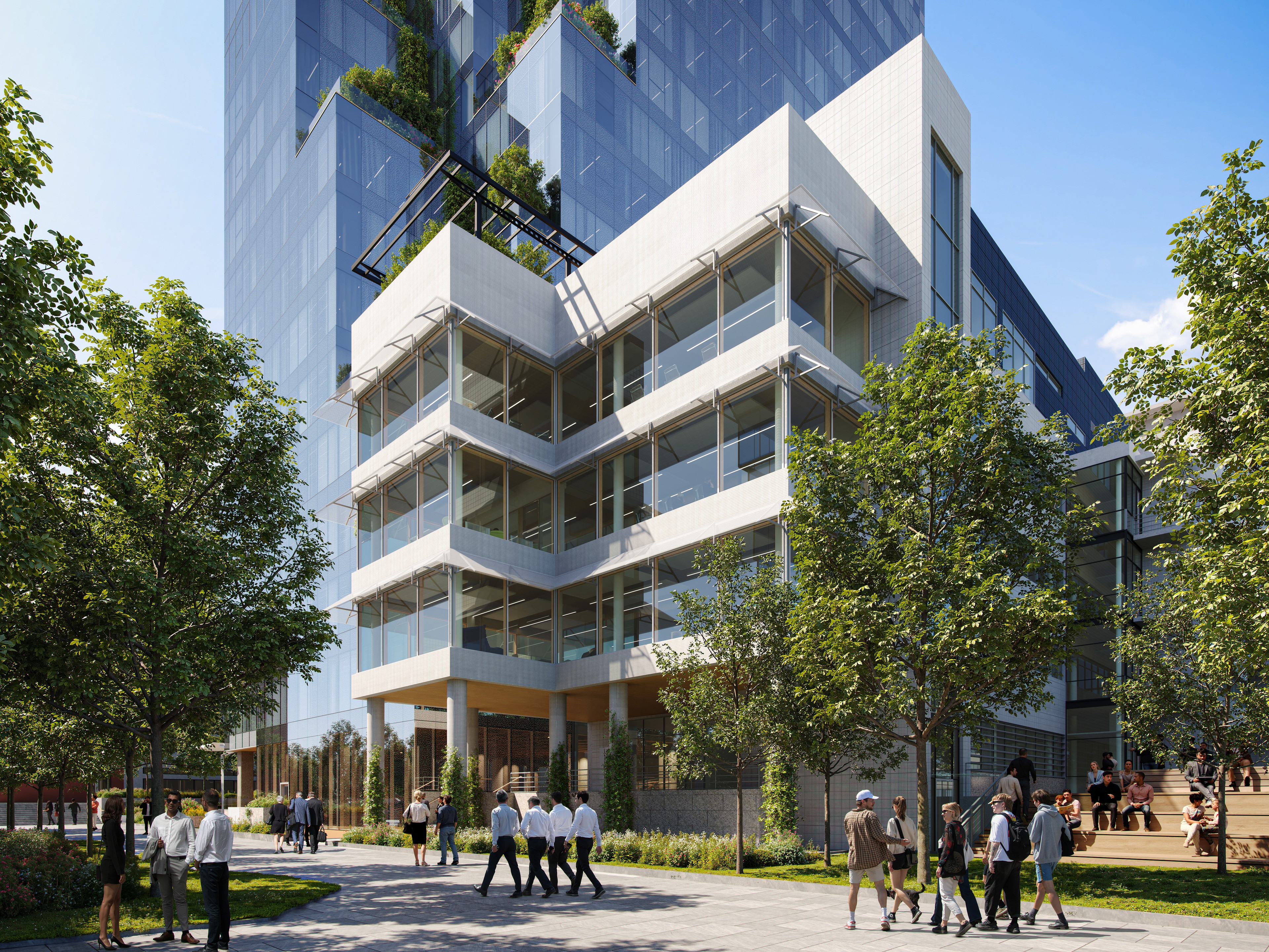 Modern office building where people are walking in the urban park area. Modern glass and white office building, around which people are walking and trees on a sunny day.