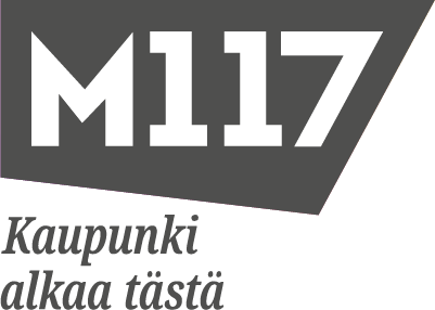 M117-logo suomenkielisellä tekstillä "Kaupunki alkaa tästä" Design Logo, jossa teksti "M117" ja suomenkielinen lause "Kaupunki alkaa tästä" lihavoituna valkoisena ja harmaana.