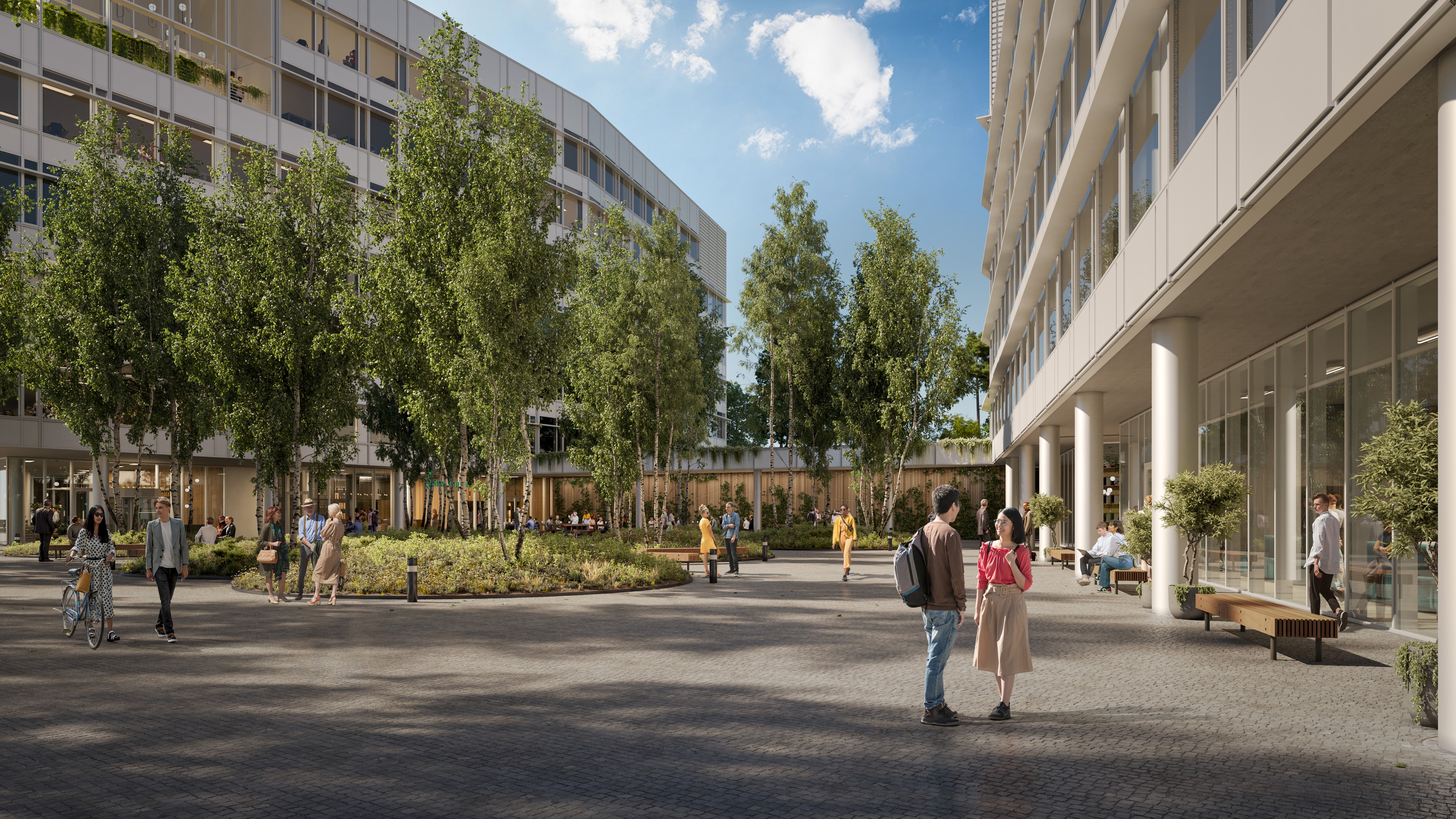 Public space between the buildings Modern office courtyard with people walking, trees, and a bright blue sky.