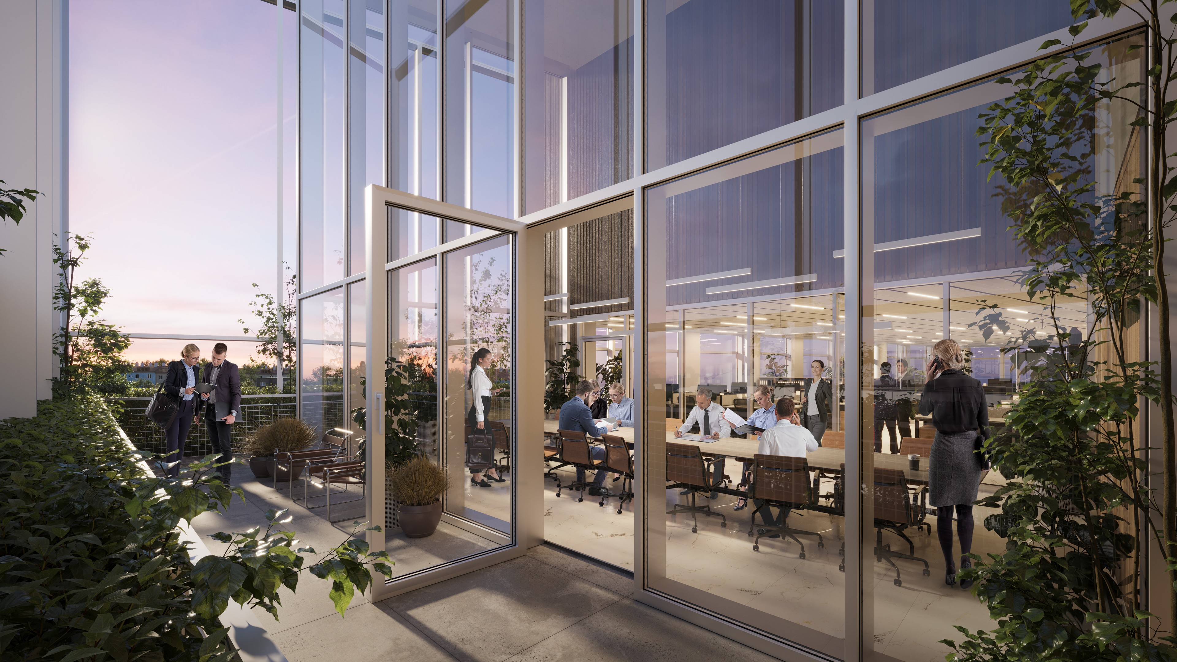 Sky office on the top floor Modern office meeting with a diverse team collaborating in a conference room with glass walls.