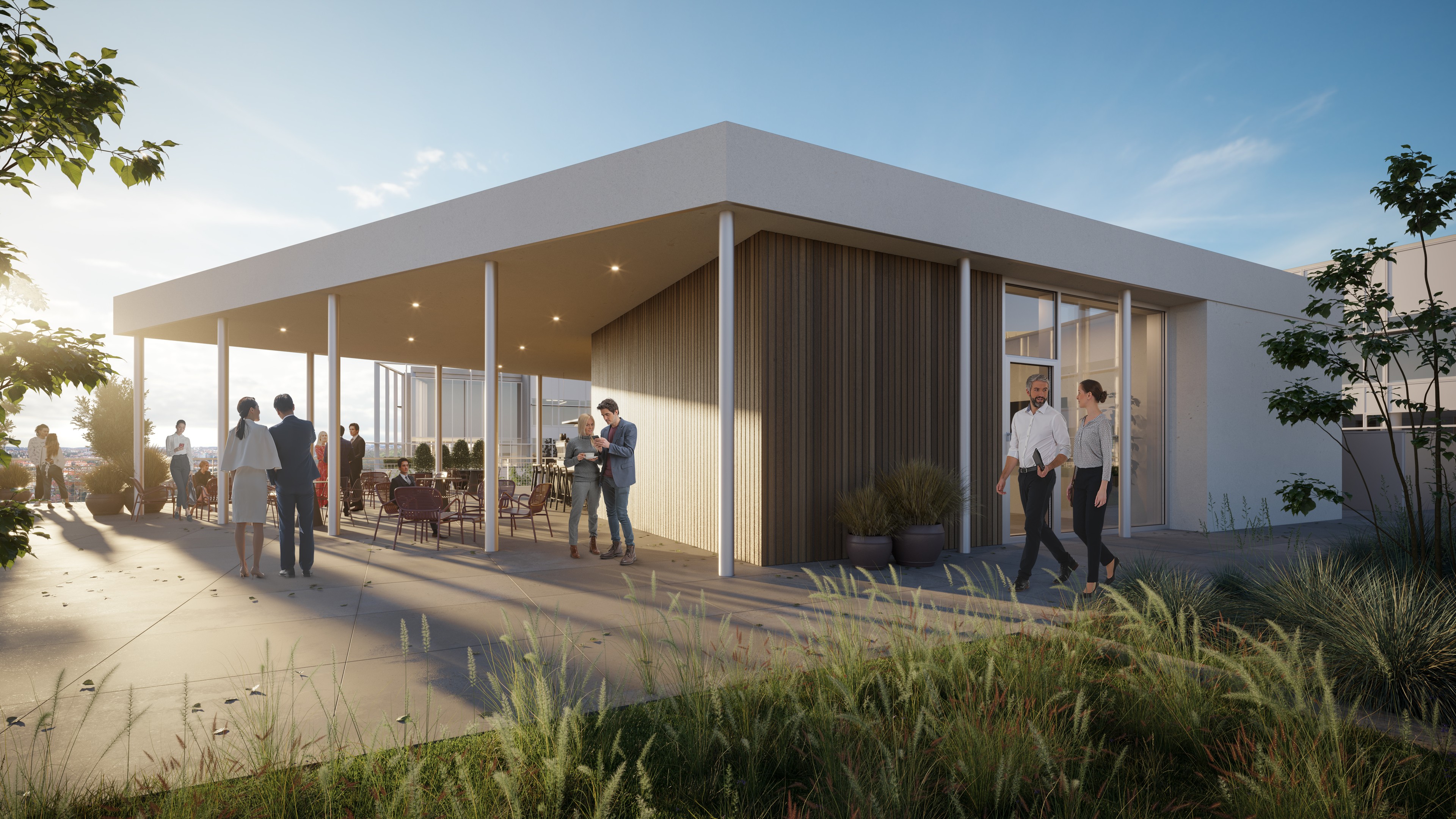 Terrace Modern outdoor terrace with people meeting under an elegant white canopy during sunset.