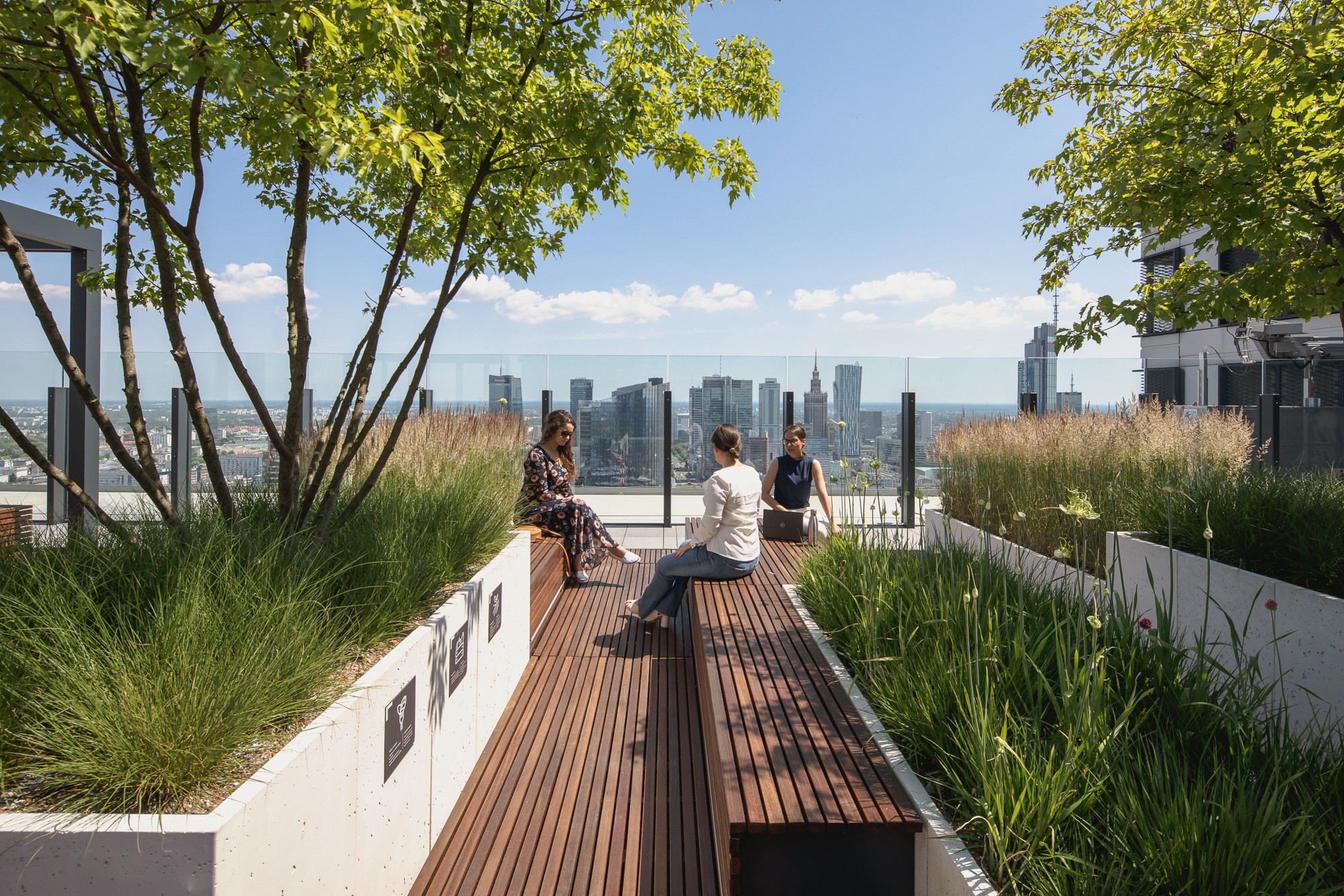 Seating areas in the rooftop garden with a view of the city skyline on a sunny day View from the Generation Park Y terrace of the city panorama.