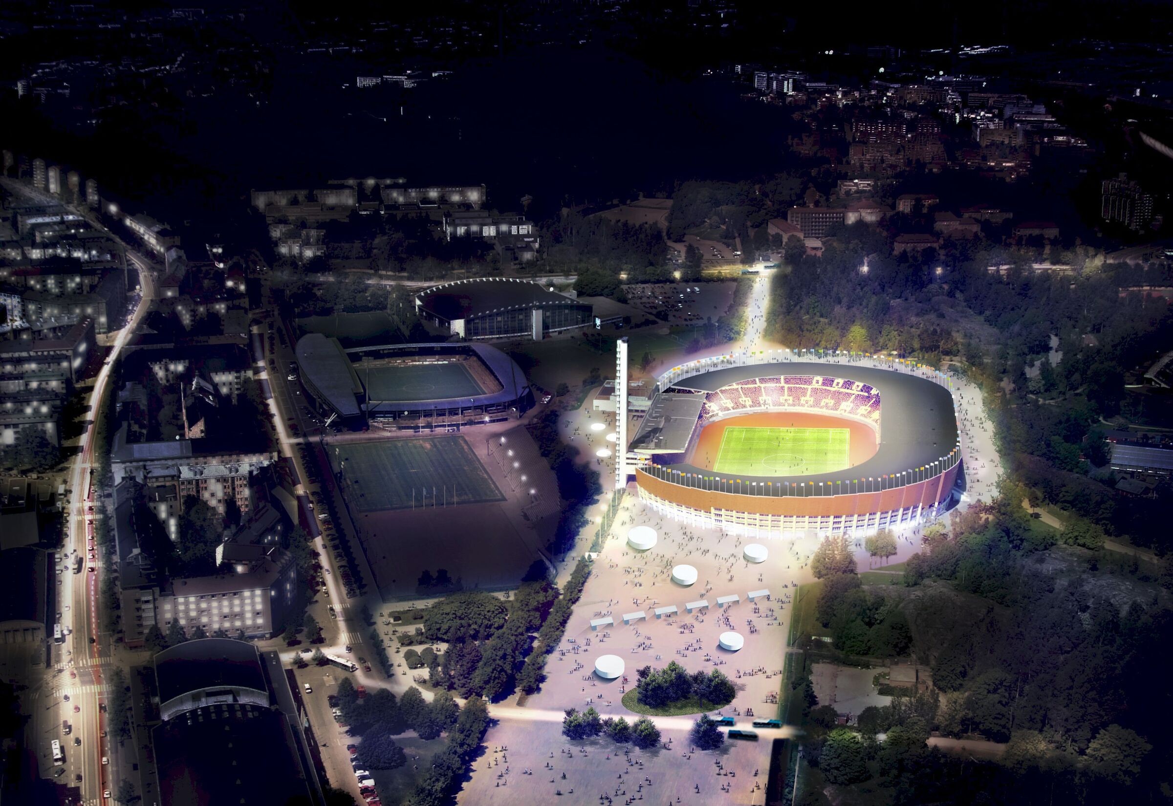 170210 FI Olympiastadion kväll fågelperspektiv