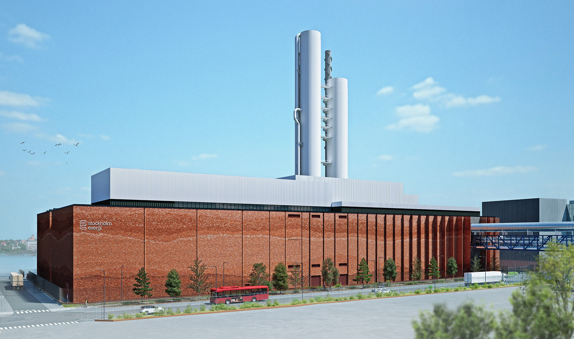 Illustration av Stockholm Exergis planerade BECCS-anläggning (Bio-Energy with Carbon Capture and Storage) med röda tegelväggar, vita skorstenar och moderna industriella strukturer, omgiven av träd, fordon och blå himmel.