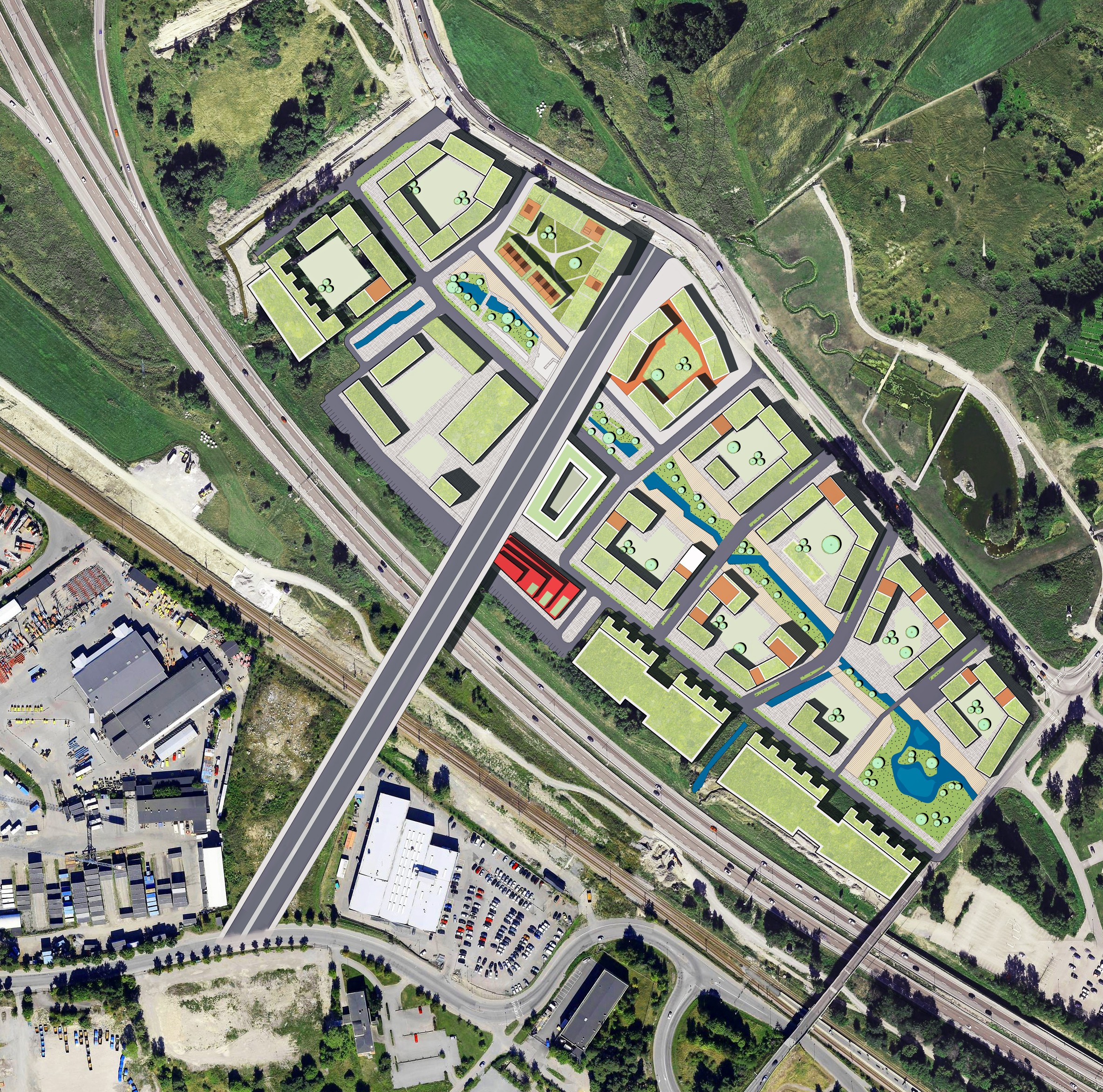 De nya kvarteren och bron innebär en viktig länk till kollektivtrafiken. Flygvy av en planerad stadsutveckling med vägar, byggnader och grönytor.