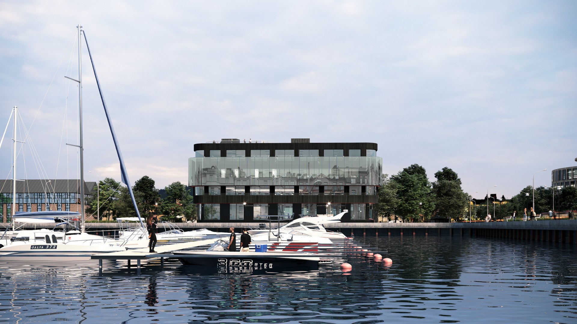 I Karlskrona utvecklar Skanska Boverkets nya huvudkontor. Bild på byggnad vid småbåtshamn