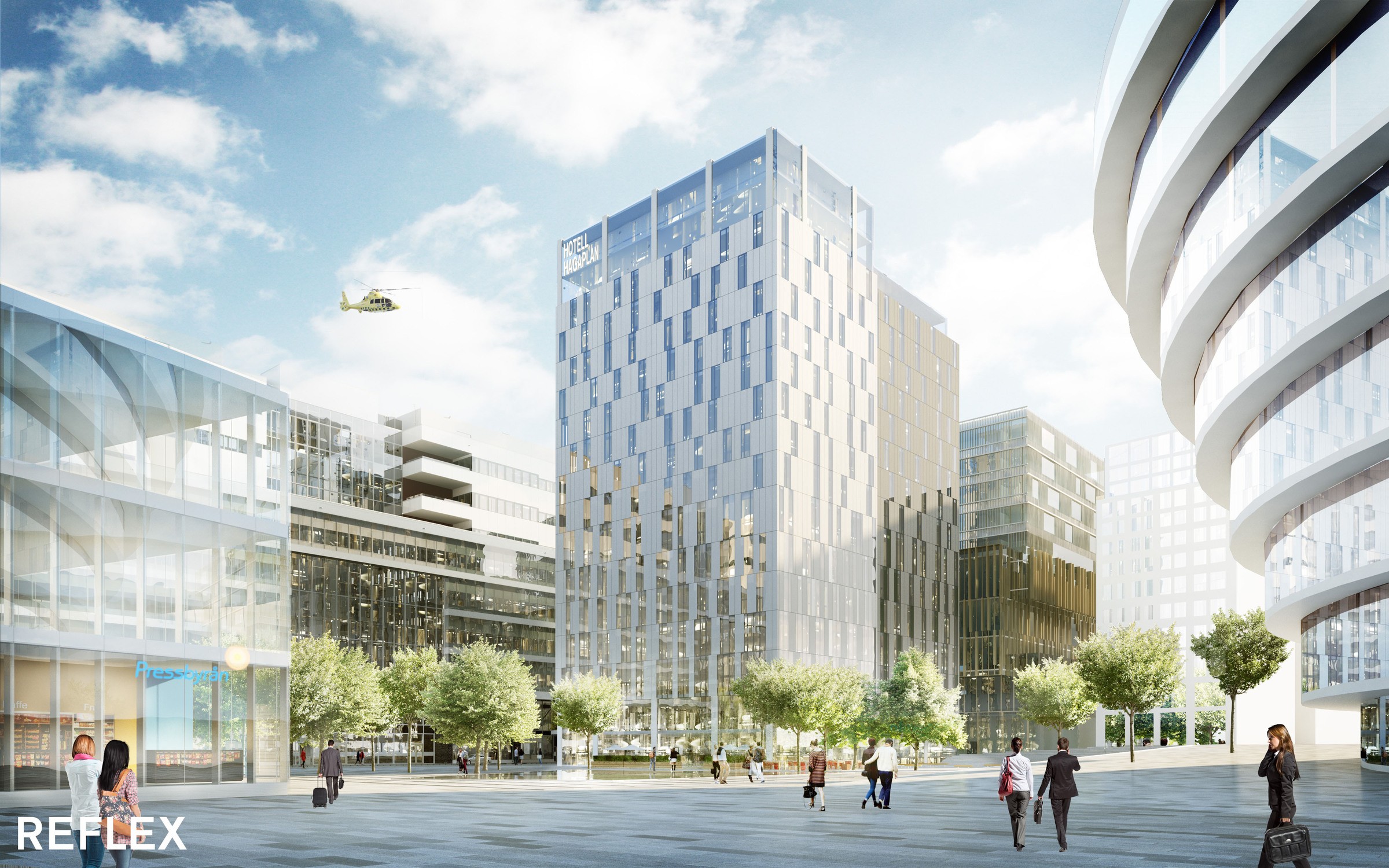 Den 17 våningar höga hotell- och kontorsbyggnaden kännetecknas av glaspartier som inte går i raka linjer. Modern stadsplats med glasbyggnader, träd och människor som promenerar under en ljus, klar himmel.