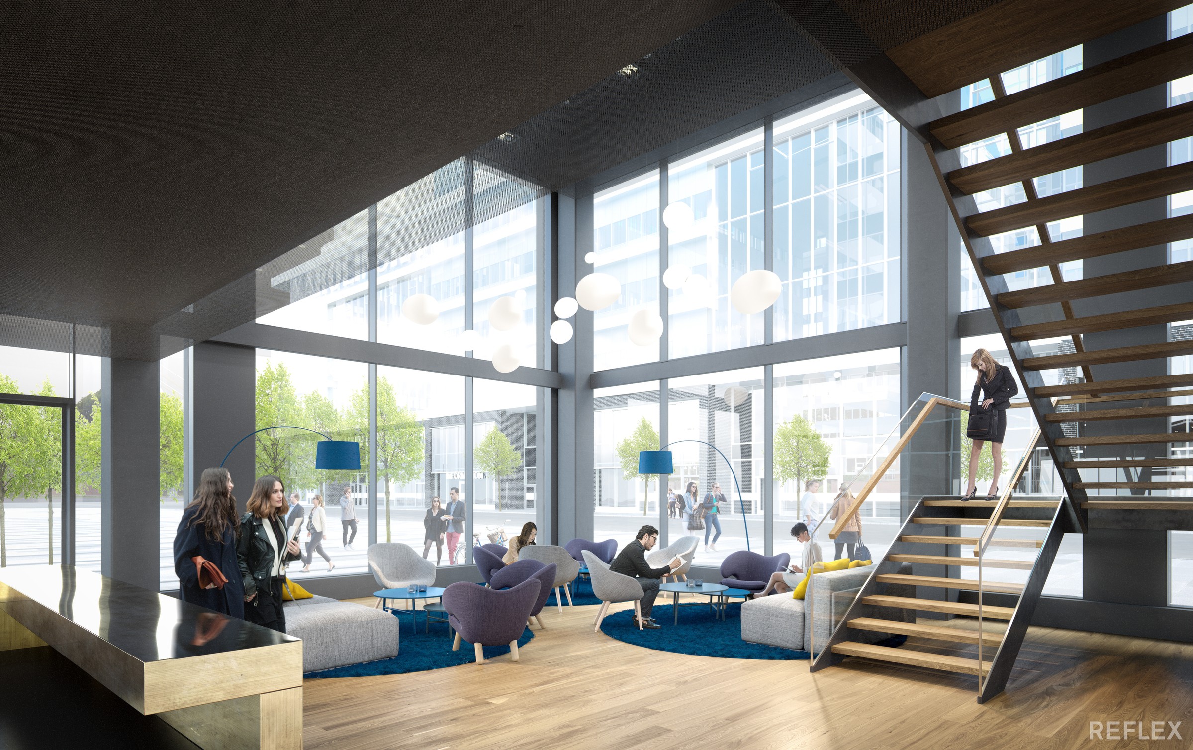Det centrala läget i Hagastaden gör att Elite Hotel Carolina Tower blir en naturlig samlingspunkt för både gäster och allmänheten. Modern kontorslobby med stora fönster, trägolv och människor som interagerar på blå sittplatser.