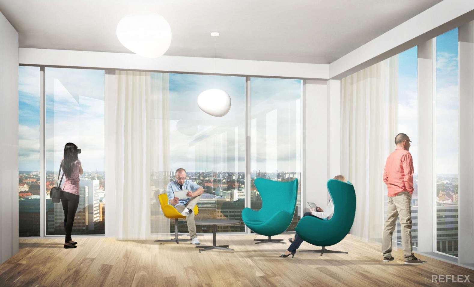 Utsikten är svindlande vacker från takvåningen. Modern loungeområde med personer sittande och stående nära stora fönster med utsikt över en stadssilhuett.